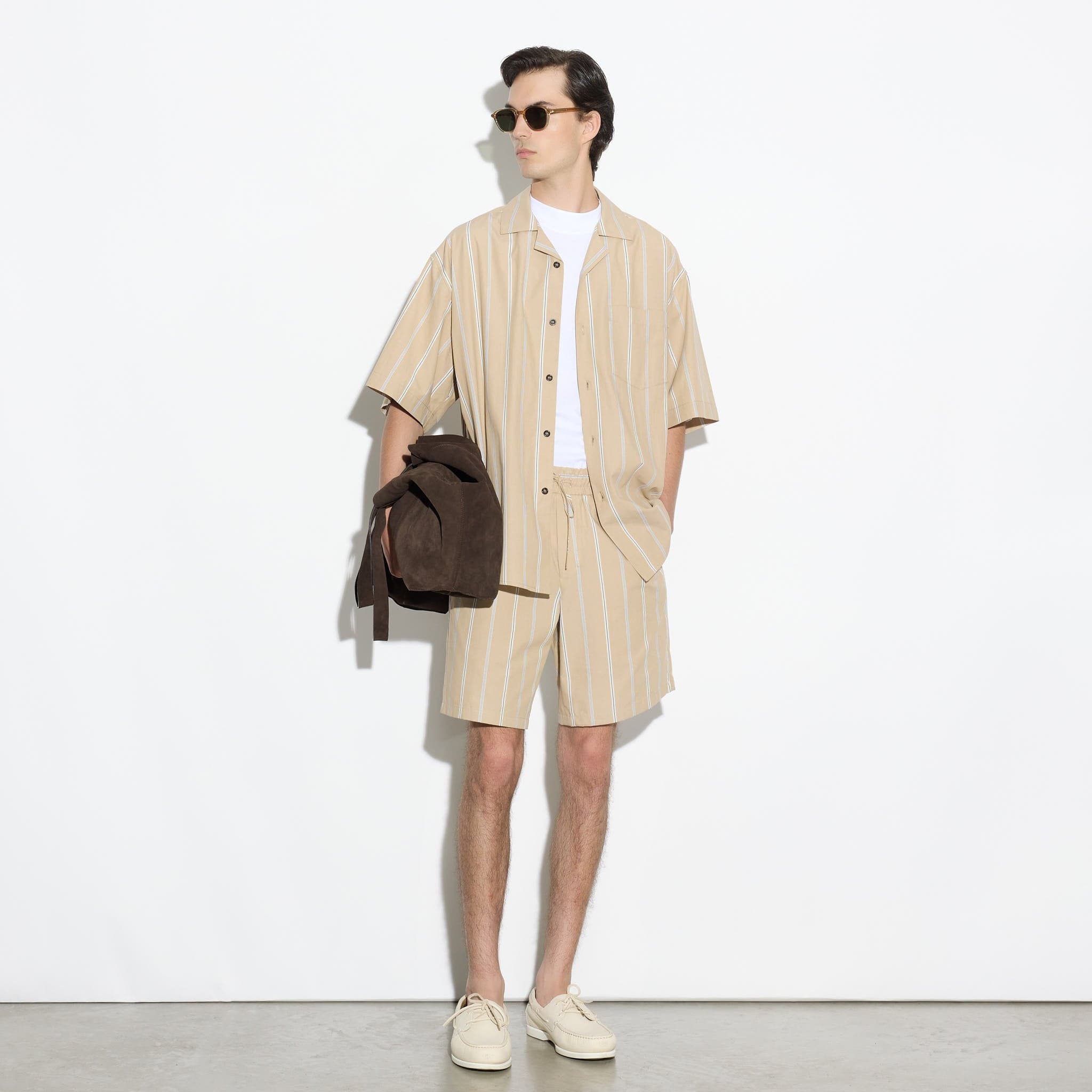 Bermuda con Cintura Elastica in Cotone a Righe Beige e Bianco Bermuda Tessuto Paolo Pecora