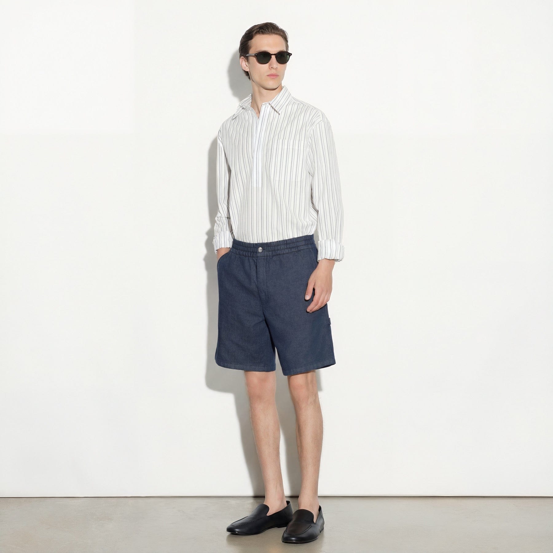 Bermuda con Cintura Elastica in Cotone e Lino Blu Bermuda Tessuto Paolo Pecora