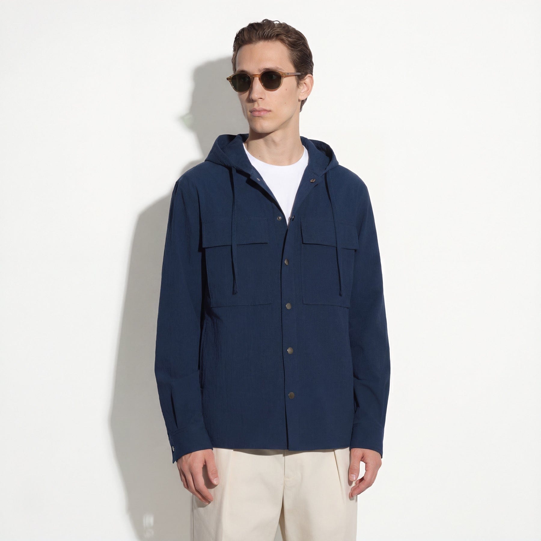 Camicia a Maniche Lunghe con Cappuccio in Cotone Blu Camicia Tessuto Paolo Pecora