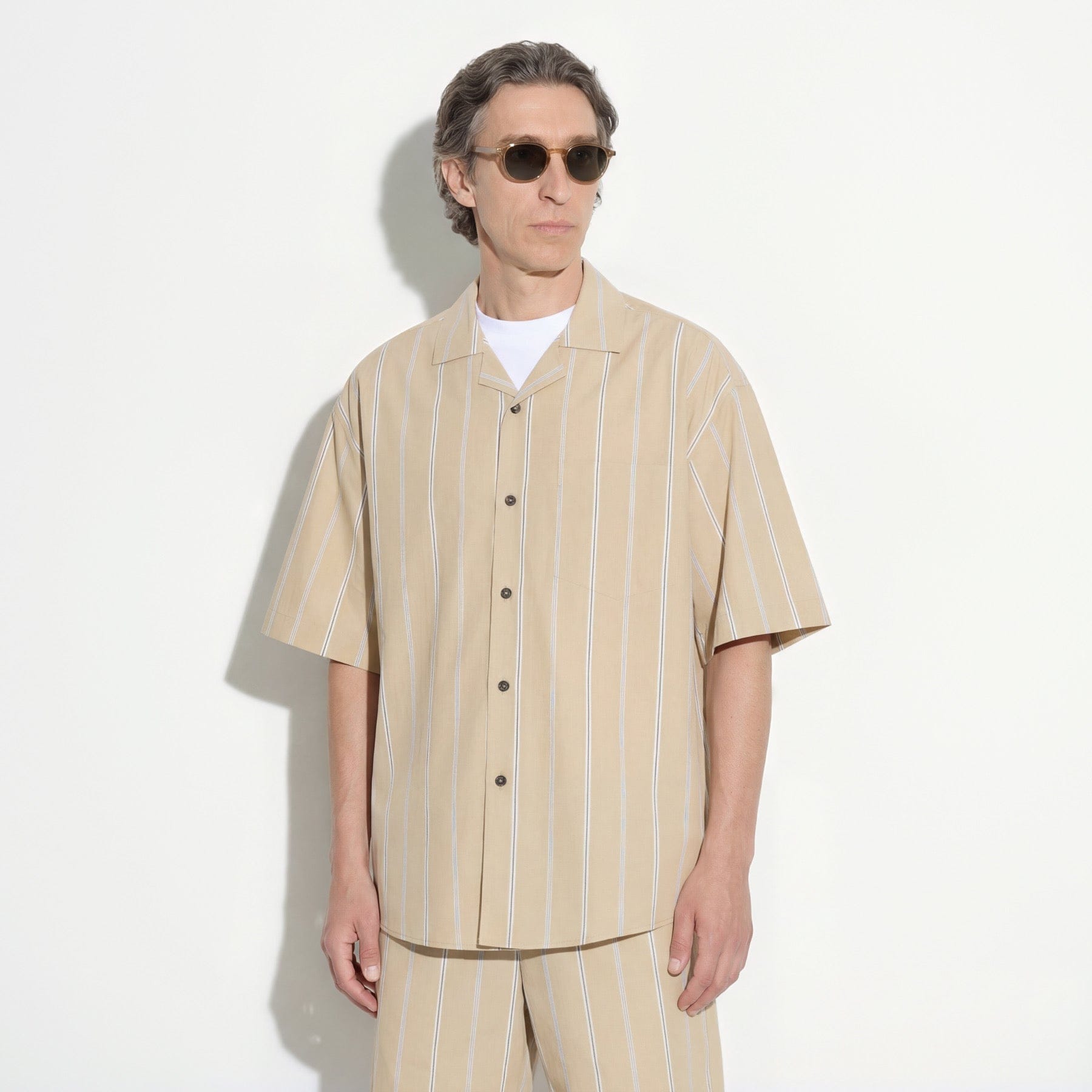 Camicia Boxy Fit a Maniche Corte in Cotone a Righe Beige e Bianco Camicia Tessuto Paolo Pecora