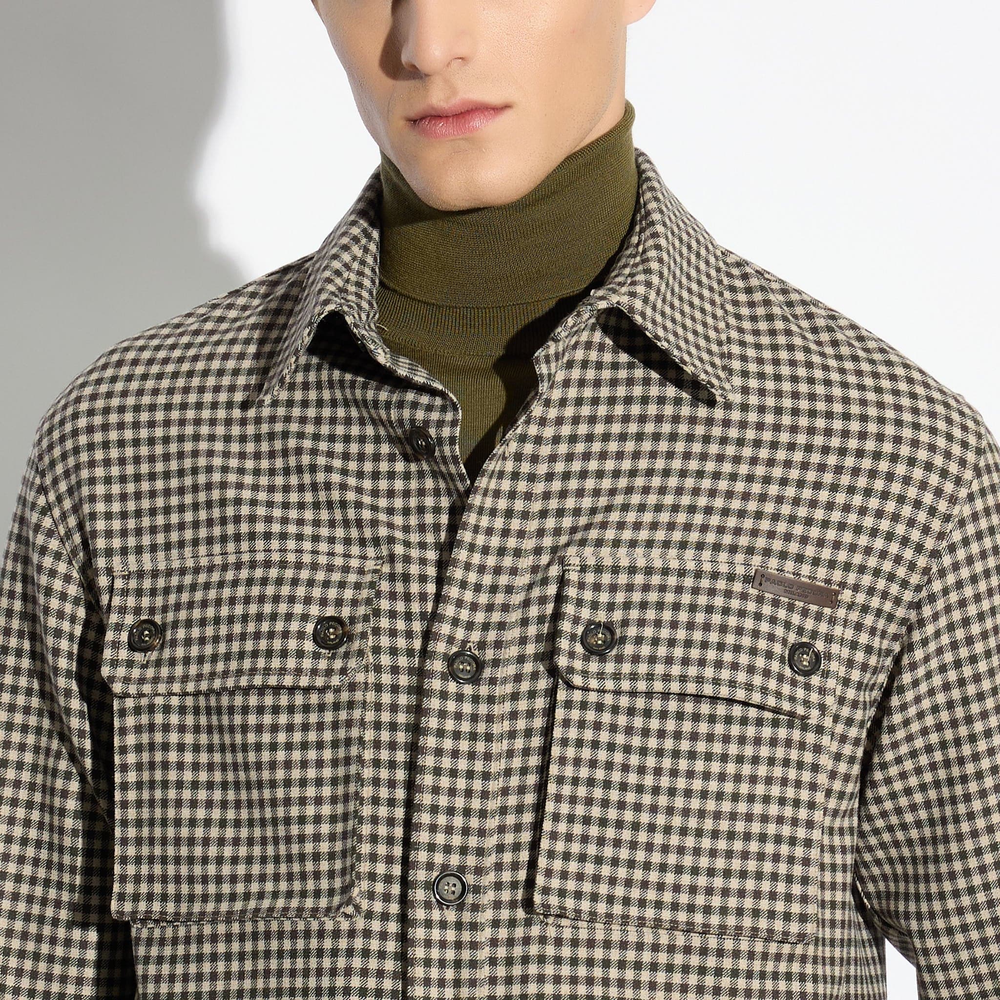 Camicia in Tessuto Tecnico con Texture Micro-Quadro Cammello Marrone Camicia Tessuto Paolo Pecora