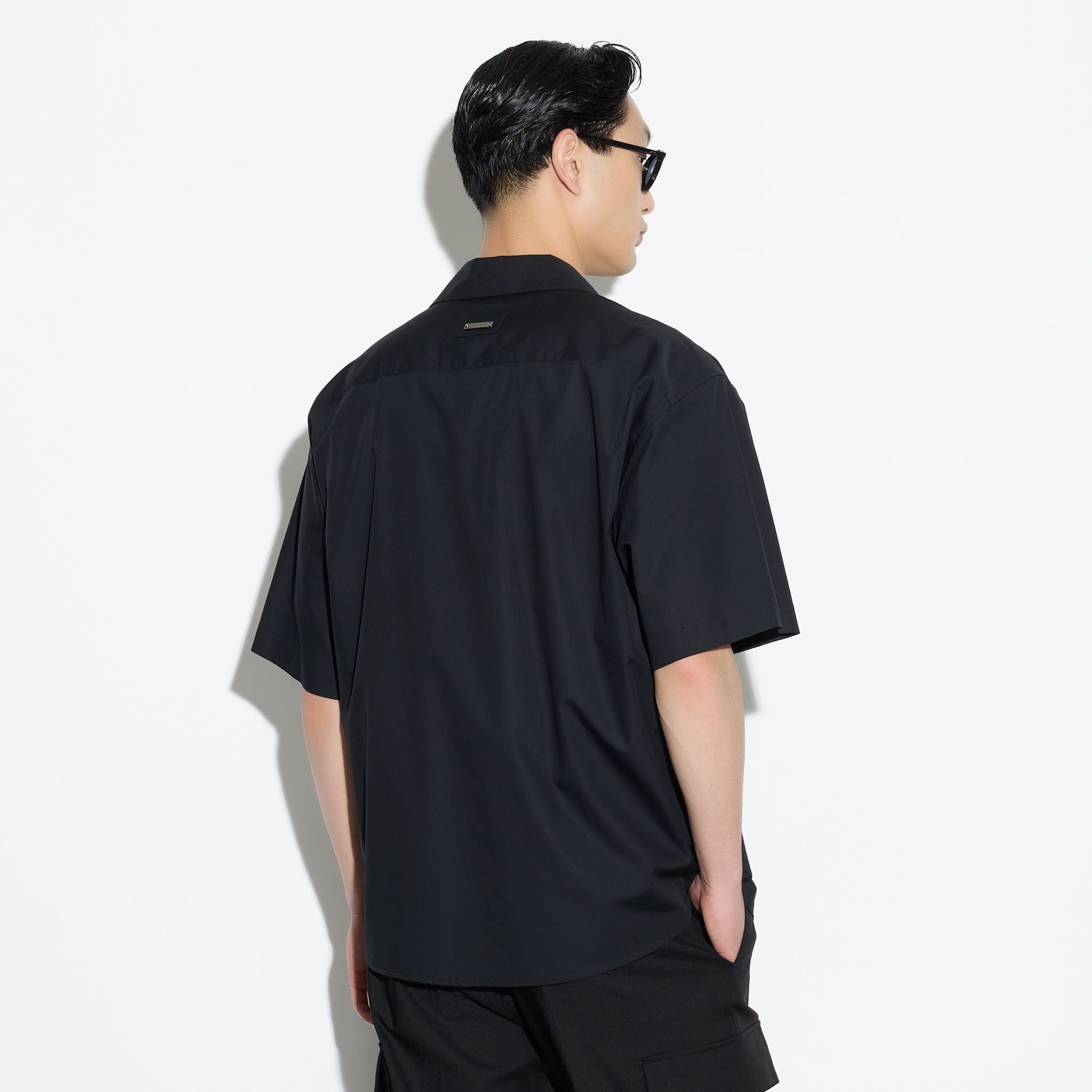 Camicia Over a Manica Corta in Cotone Nero Camicia Tessuto Paolo Pecora