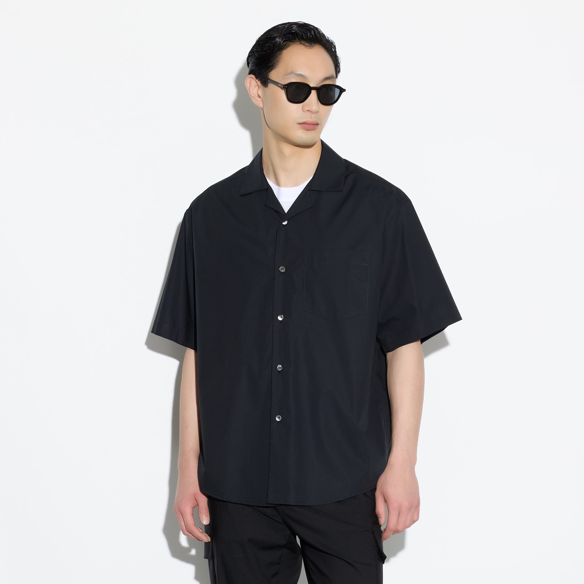 Camicia Over a Manica Corta in Cotone Nero Camicia Tessuto Paolo Pecora