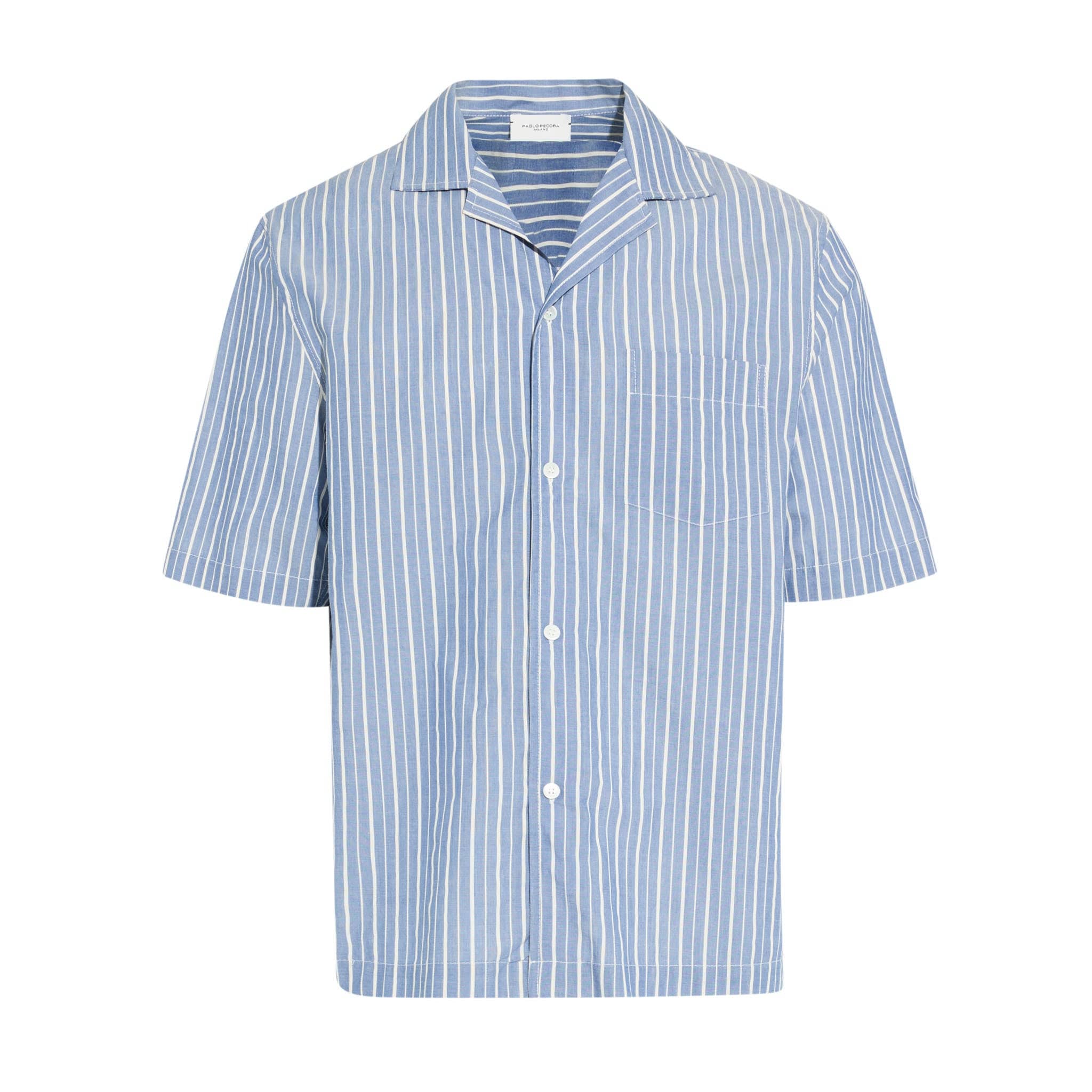 Camicia Over a Maniche Corte in Cotone a Righe Azzurro e Bianco Camicia Tessuto Paolo Pecora
