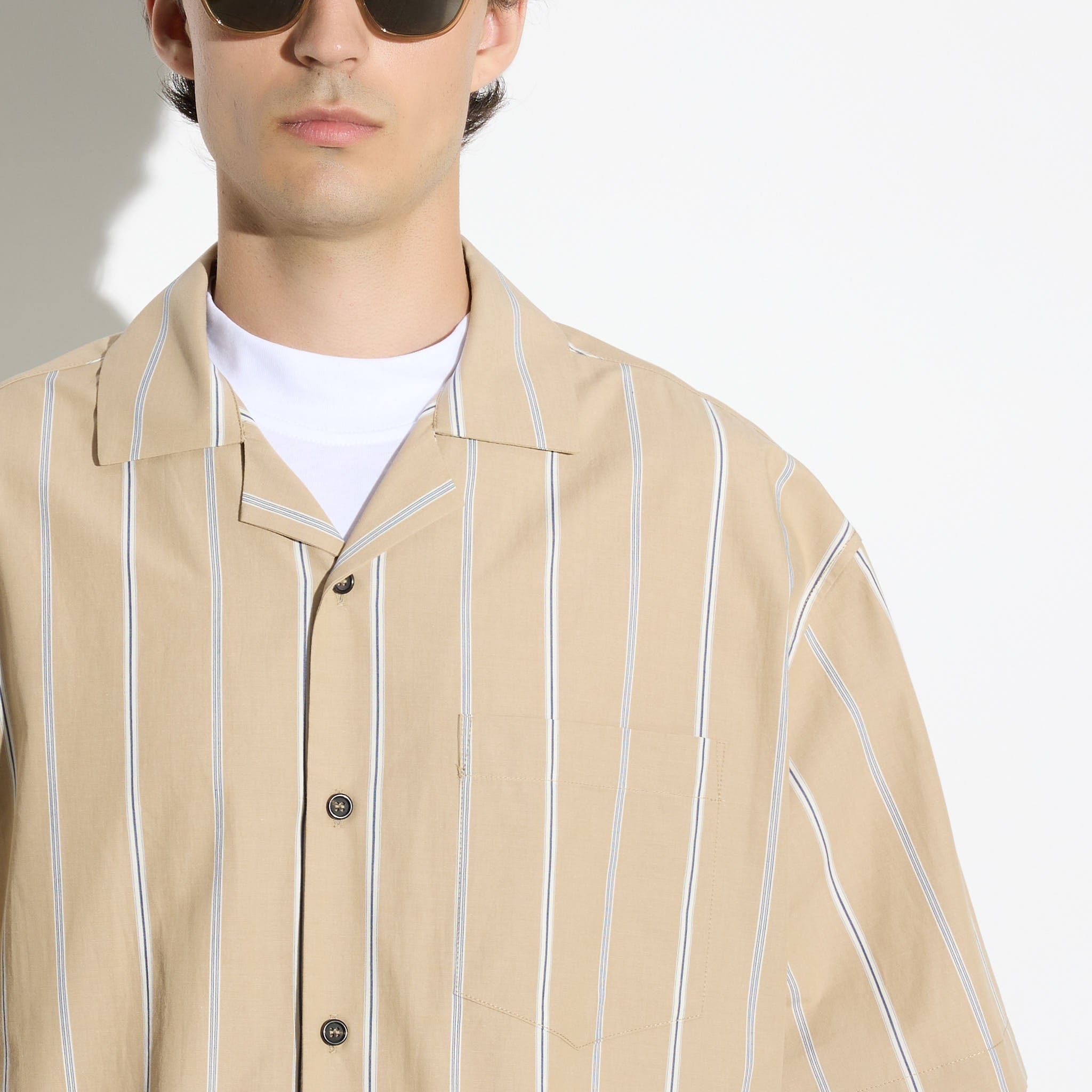 Camicia Over a Maniche Corte in Cotone a Righe Beige e Bianco Camicia Tessuto Paolo Pecora