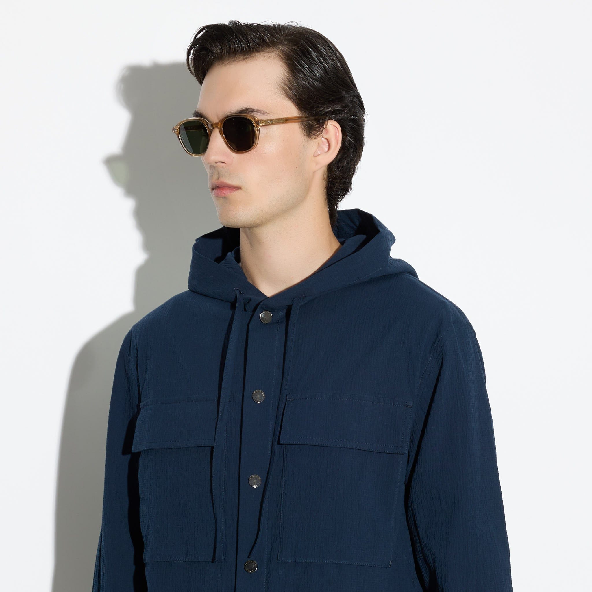 Camicia Over a Maniche Lunghe con Cappuccio in Cotone Blu Camicia Tessuto Paolo Pecora