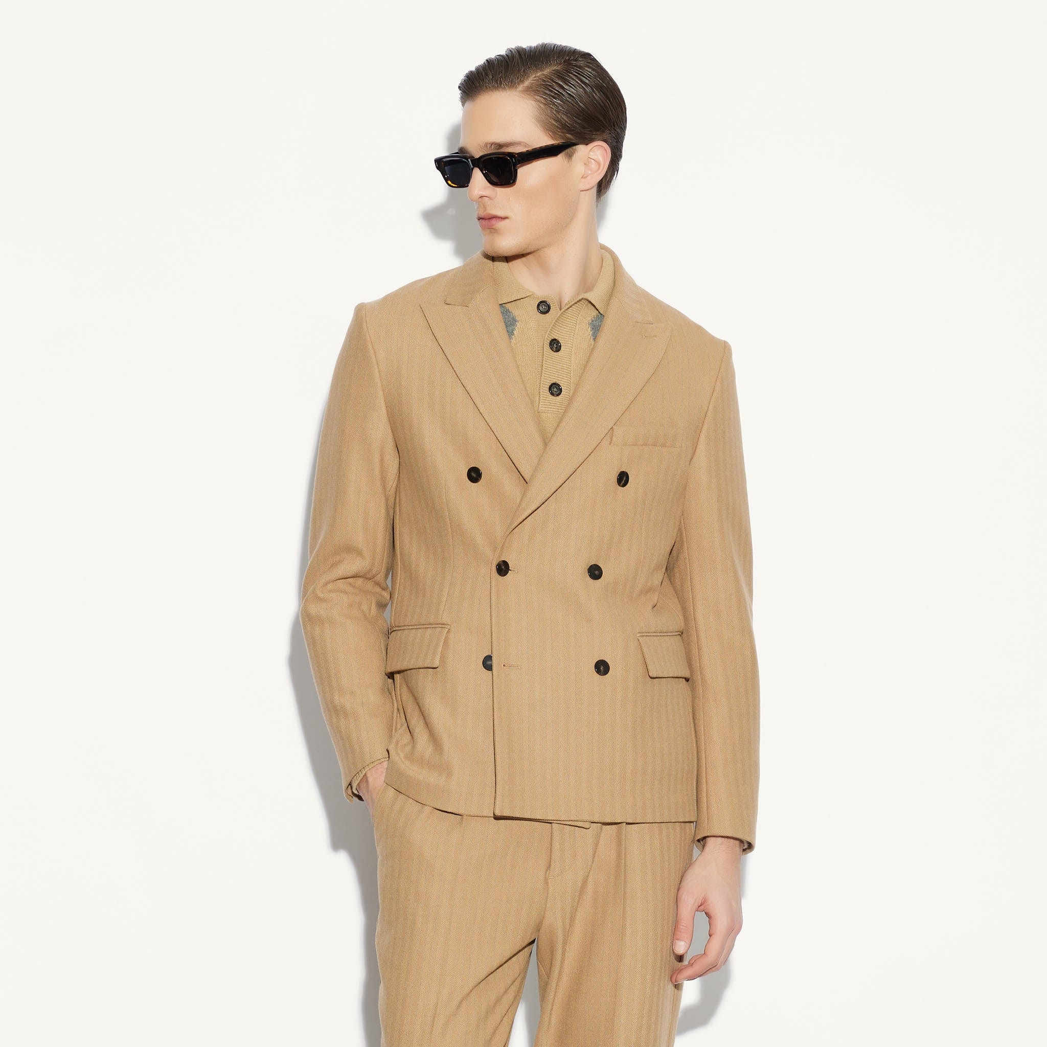 Giacca Doppiopetto Beige Rigata Giacca Tessuto Paolo Pecora