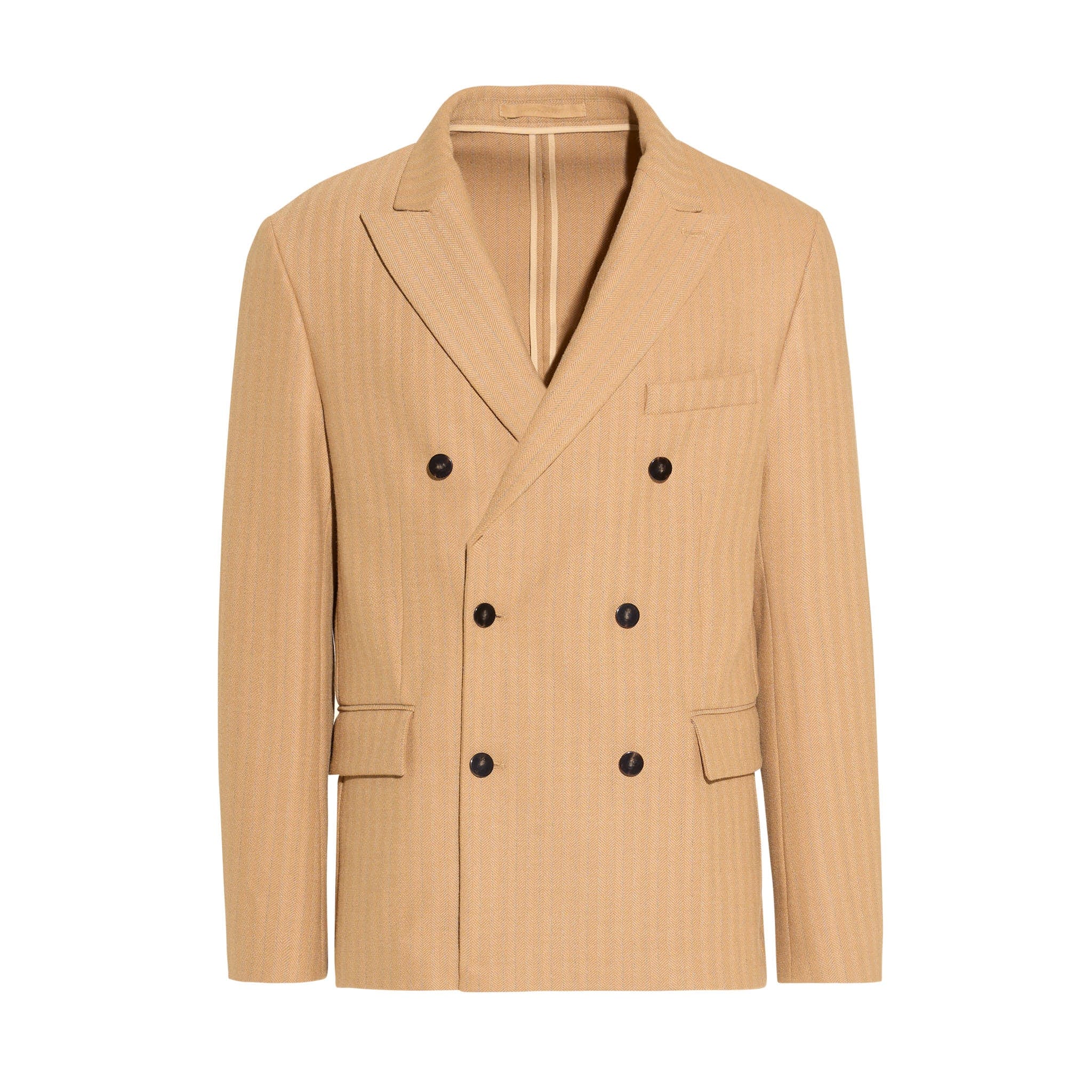Double-Breasted Beige Striped Cool Wool Jacket | Paolo Pecora