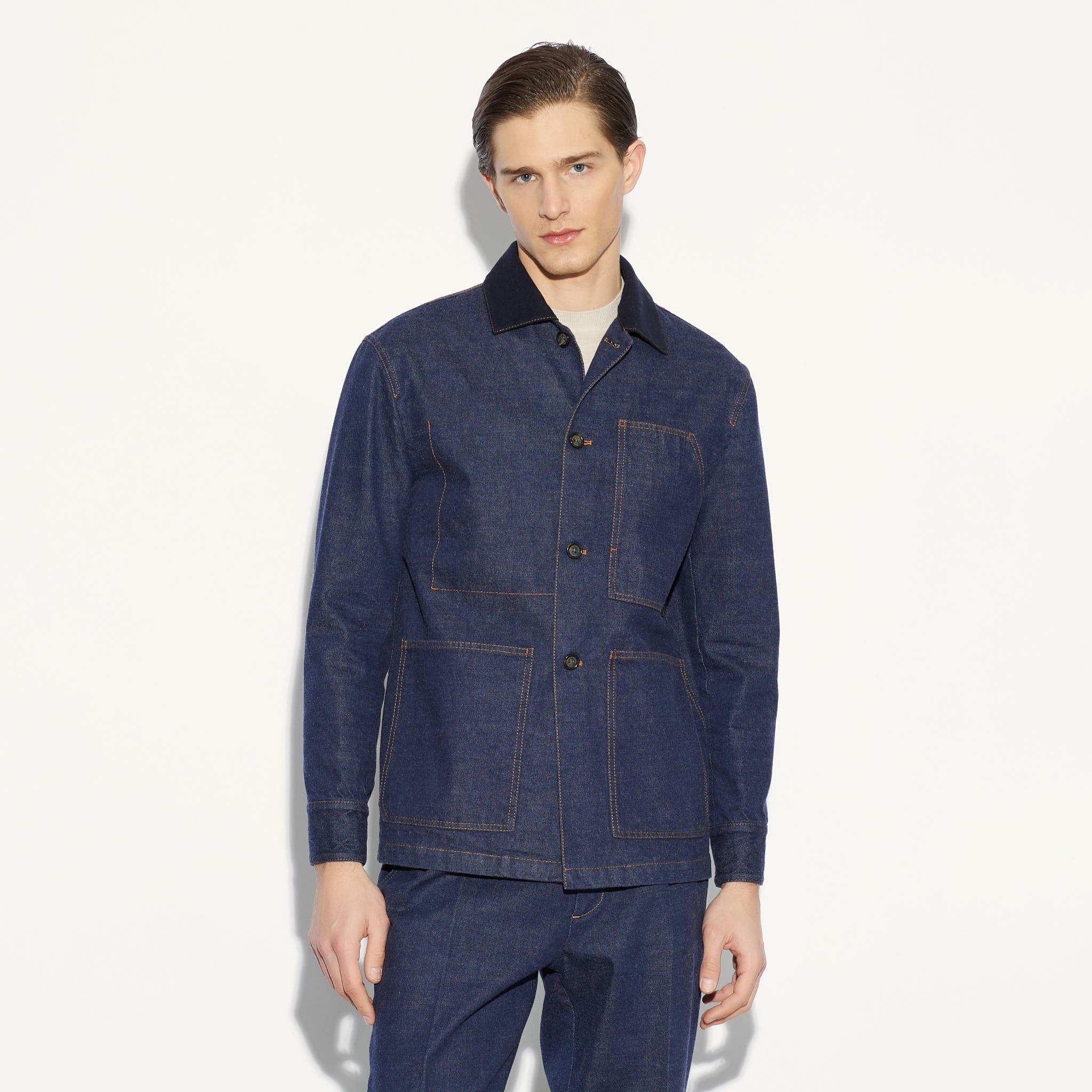 Giubbotto in Denim Indaco con Colletto a Contrasto Giubbotto Tessuto Paolo Pecora