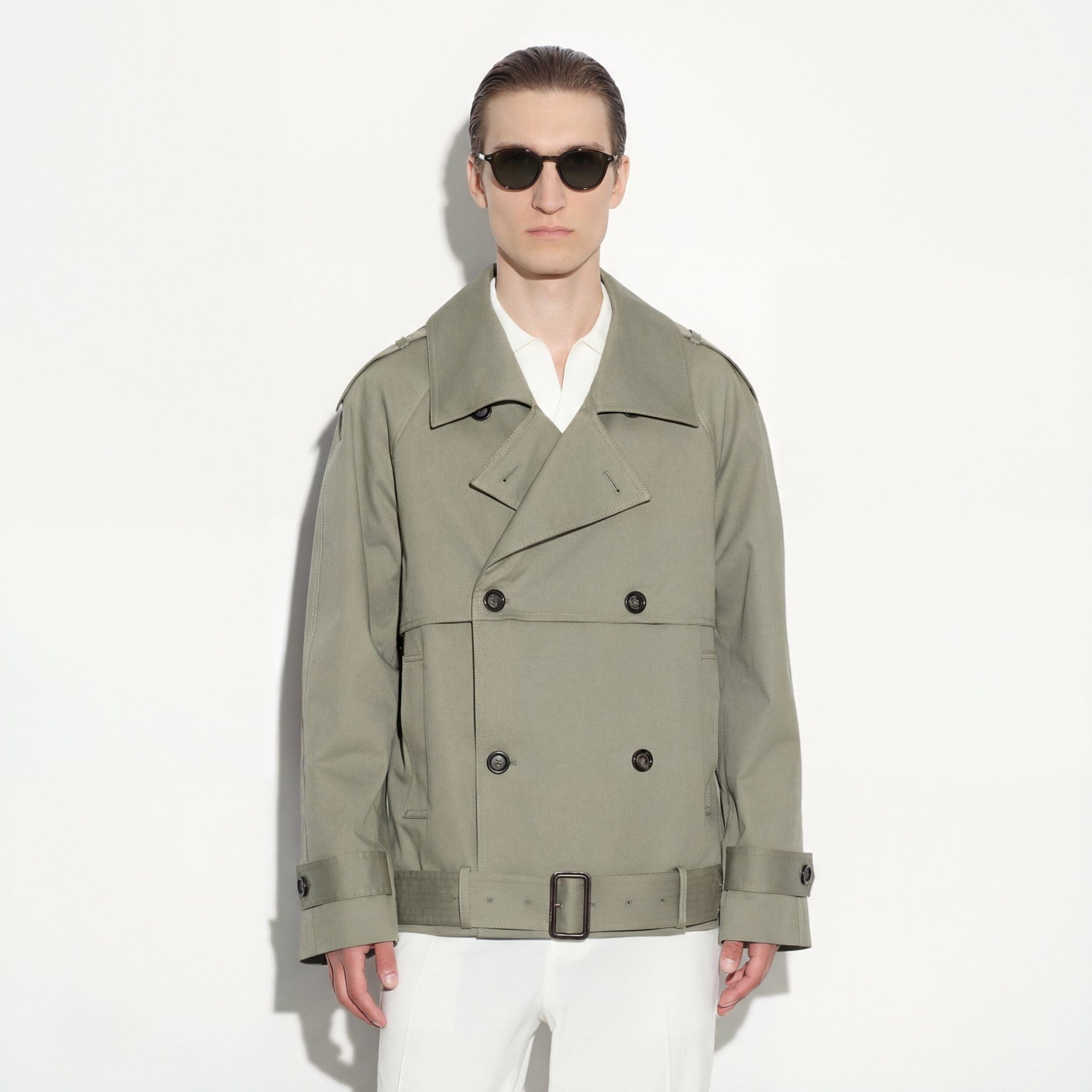 Trench Doppiopetto in Cotone con Cintura Kaki Giubbotto Tessuto L / Kaki Paolo Pecora