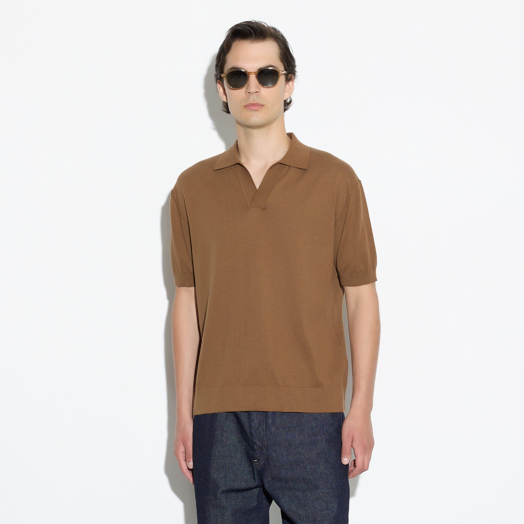 Maglia a Polo con Collo Aperto in Cotone Nocciola Maglia A Polo Paolo Pecora