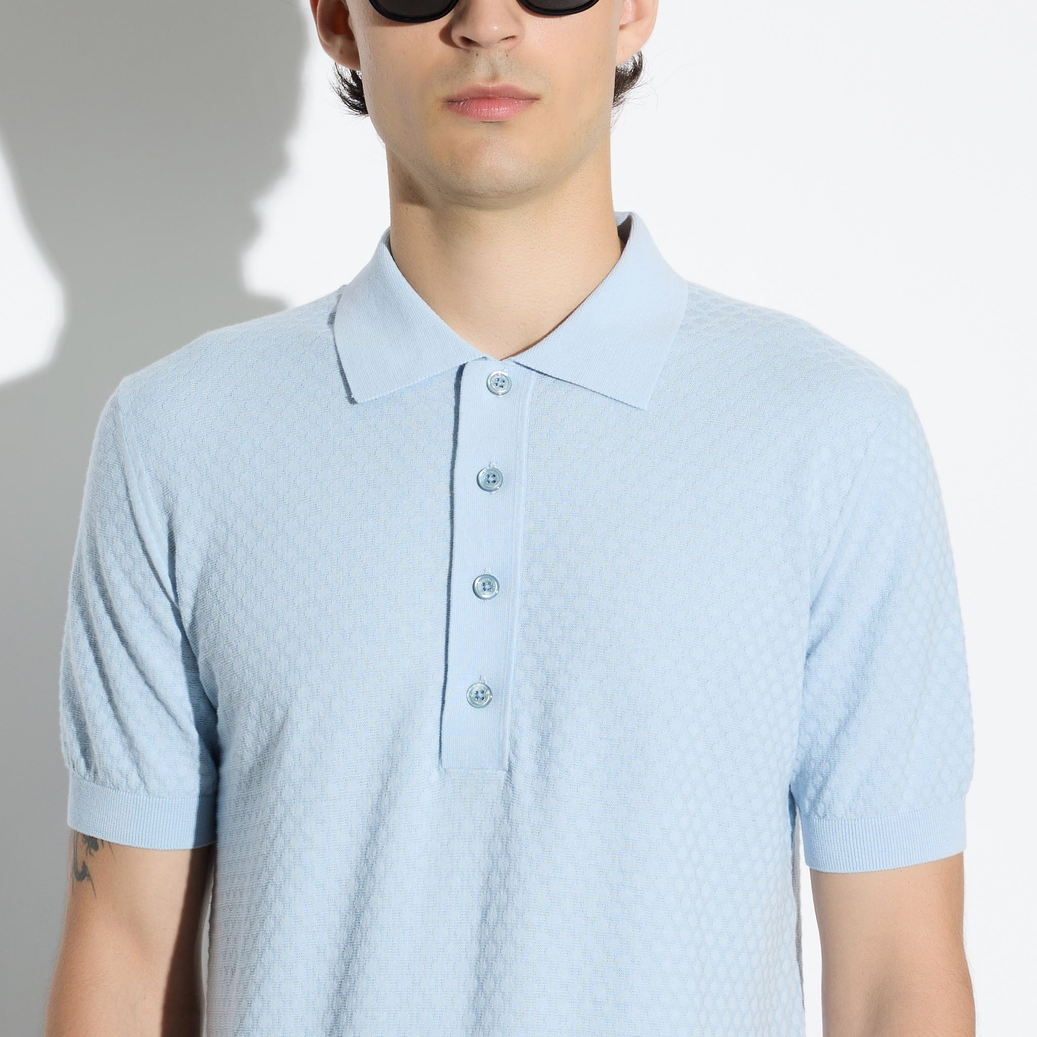 Maglia a Polo in Cotone Lavorato Azzurro Maglia A Polo Paolo Pecora