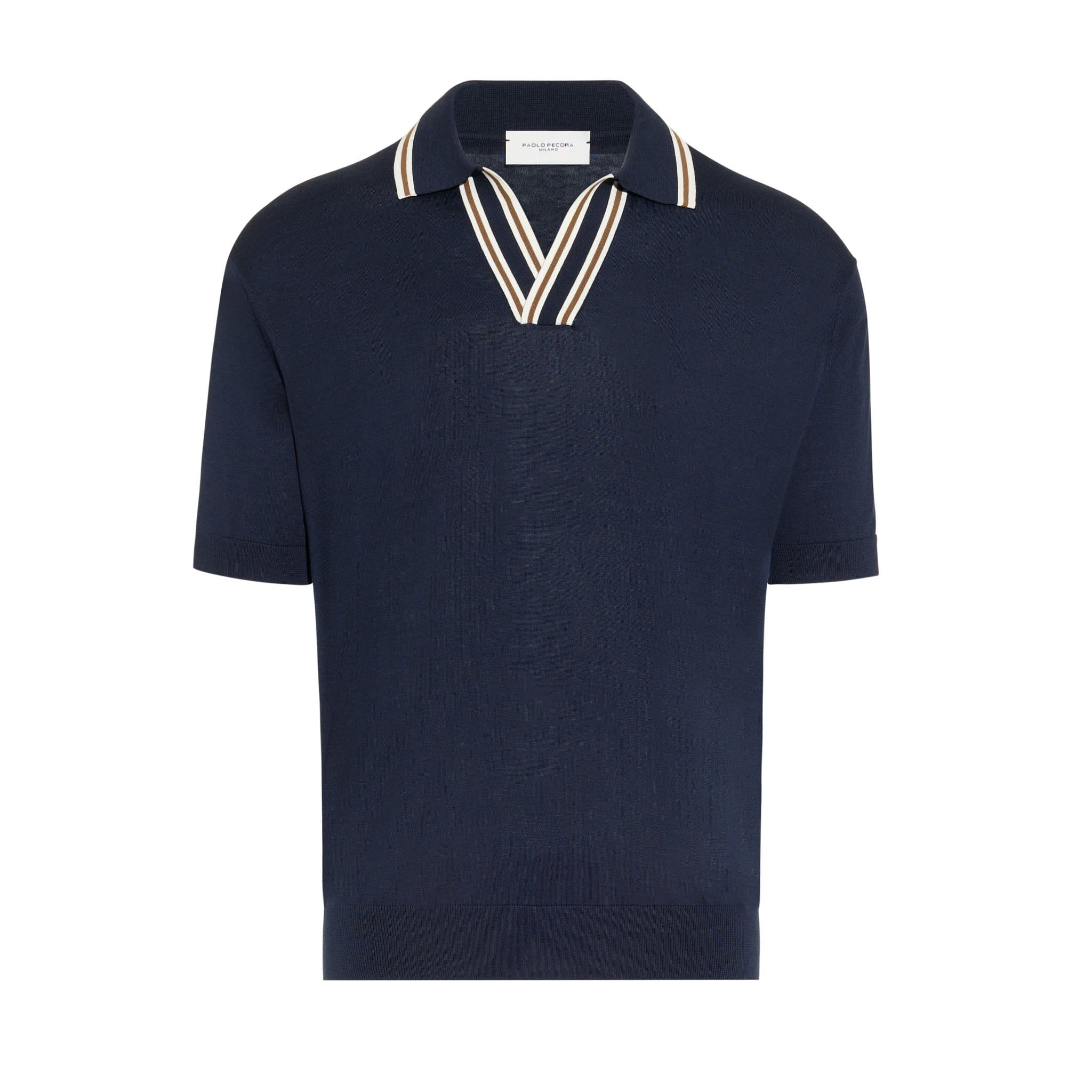 Maglia a Polo in Seta Cotone con Collo a Contrasto Blu Maglia A Polo Paolo Pecora