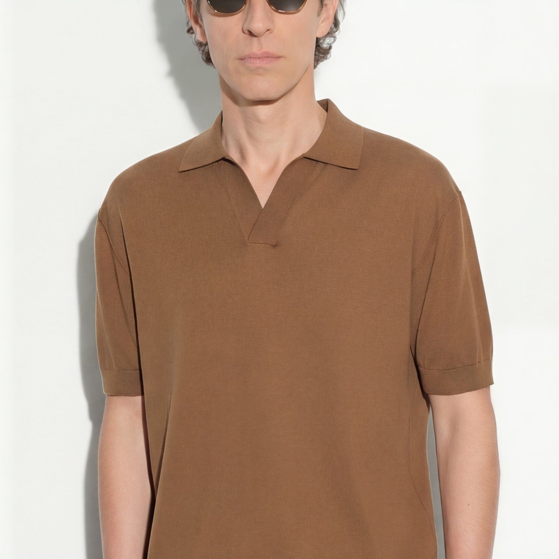 Maglia a Polo Loose Fit con Collo Aperto in Cotone Nocciola Maglia A Polo Paolo Pecora