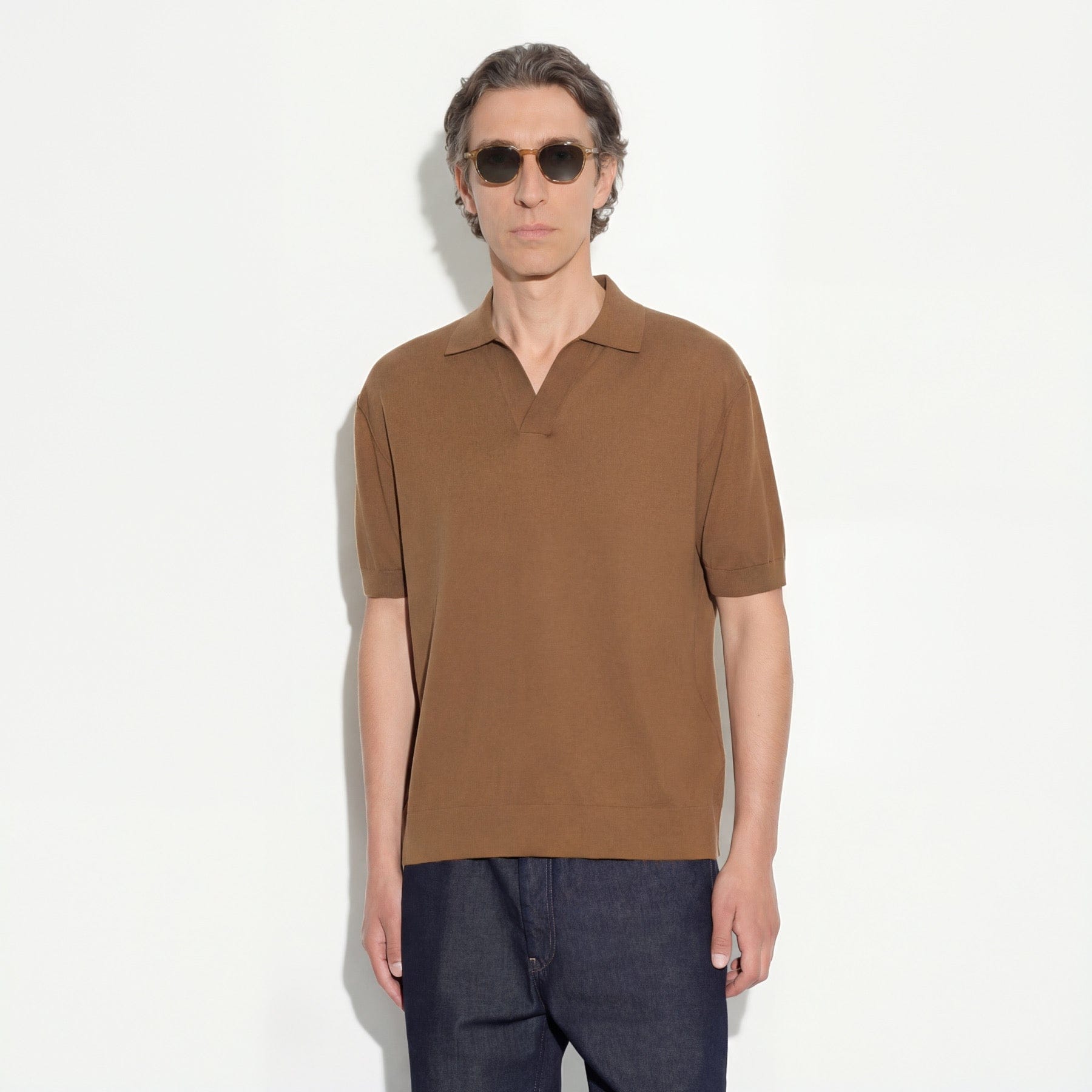 Maglia a Polo Loose Fit con Collo Aperto in Cotone Nocciola Maglia A Polo Paolo Pecora