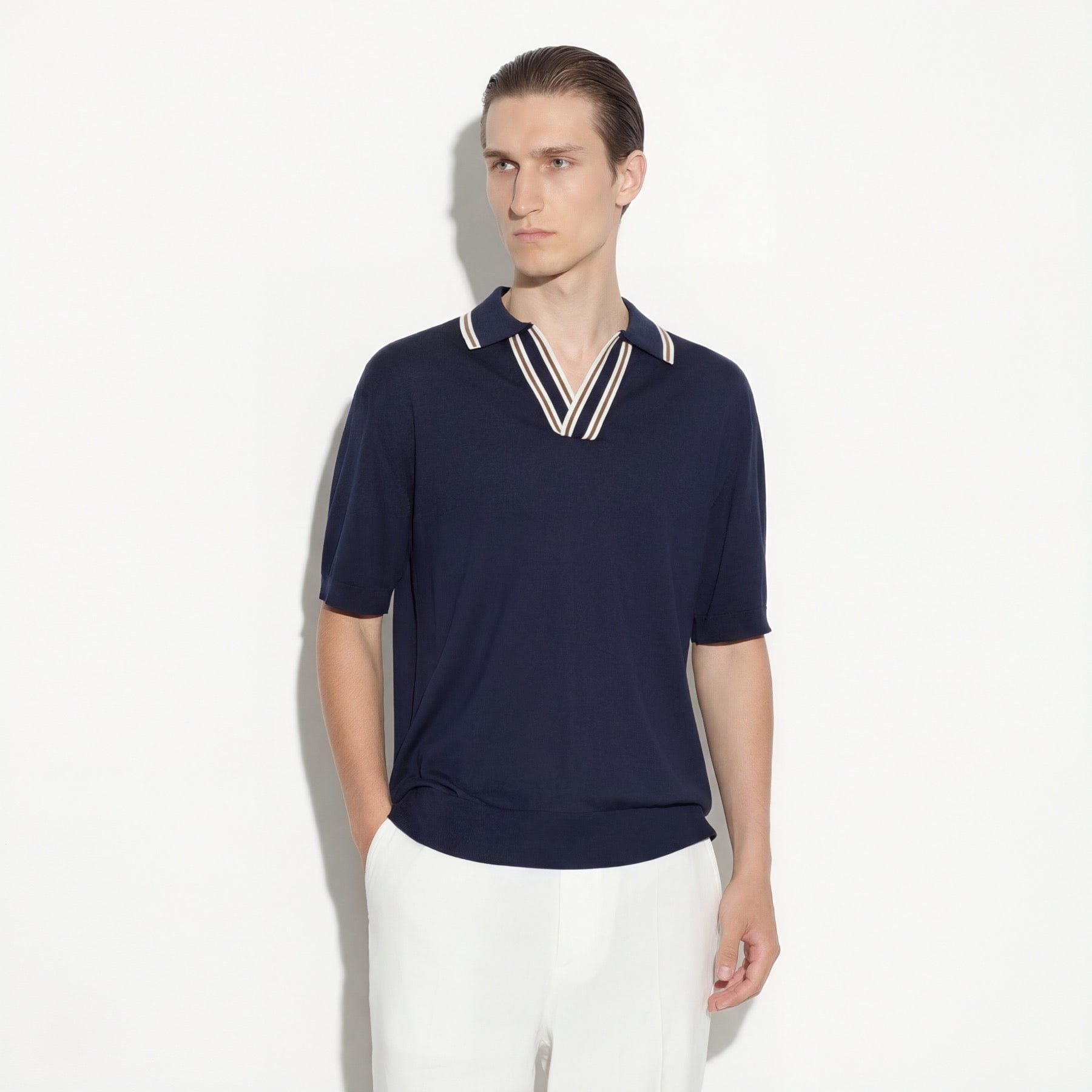 Maglia a Polo Loose Fit in Seta Cotone con Collo a Contrasto Blu Maglia A Polo Paolo Pecora