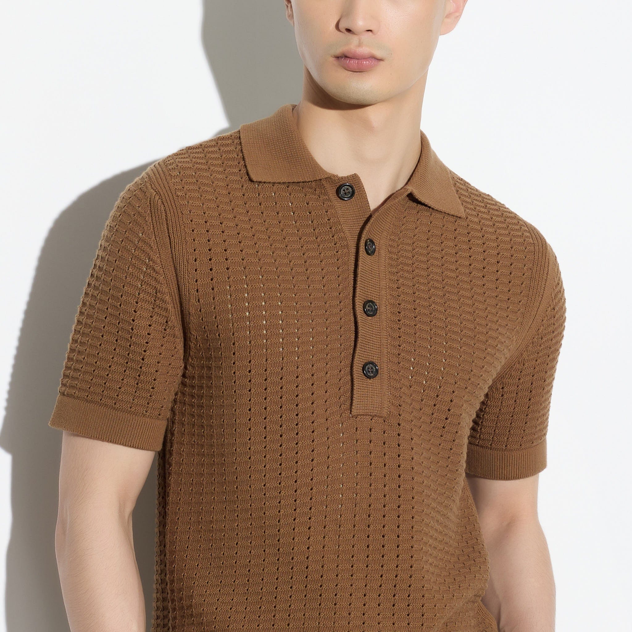 Maglia a Polo Traforata in Cotone Nocciola Maglia A Polo Paolo Pecora