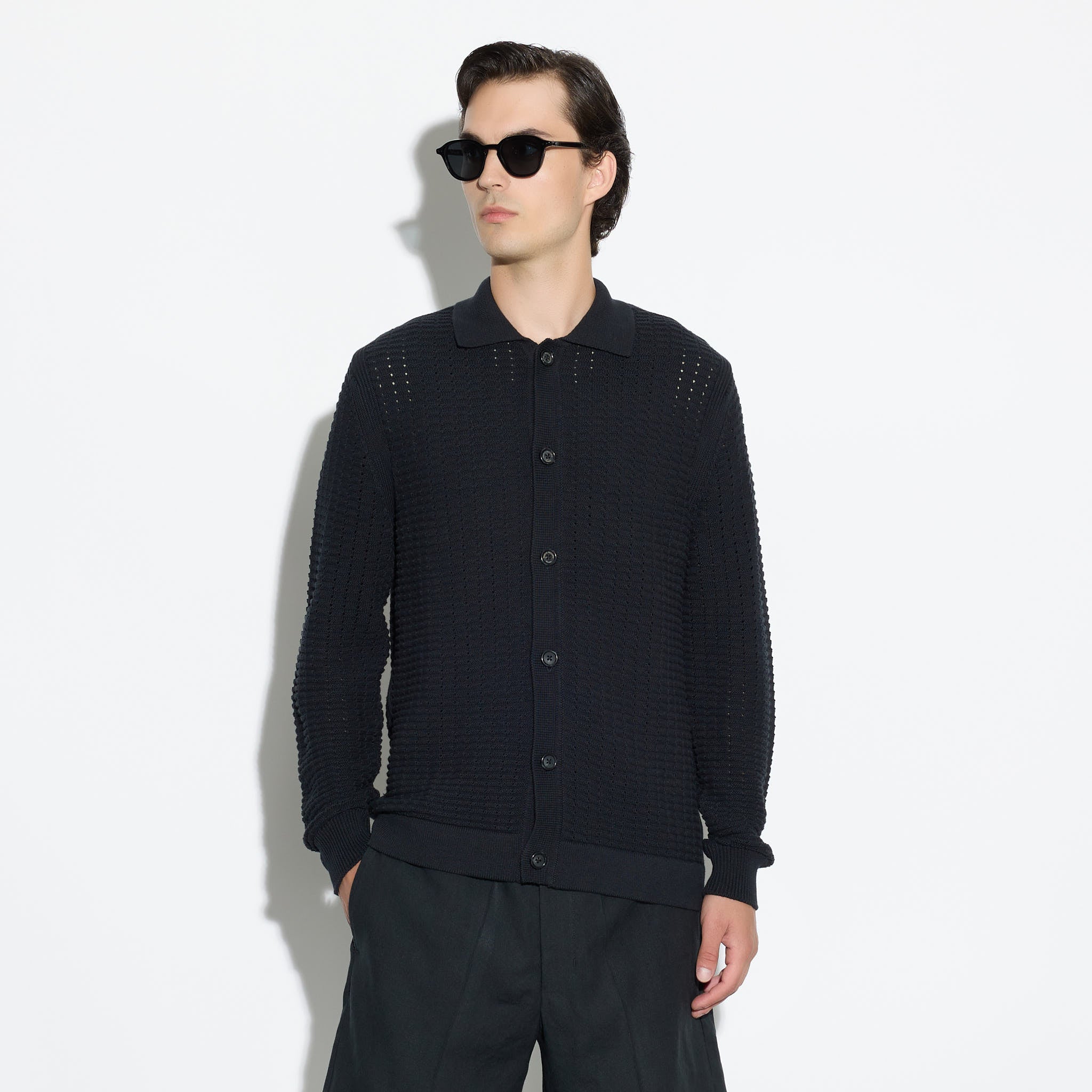 Maglia Cardigan Traforata in Cotone Nero Maglia Cardigan Paolo Pecora