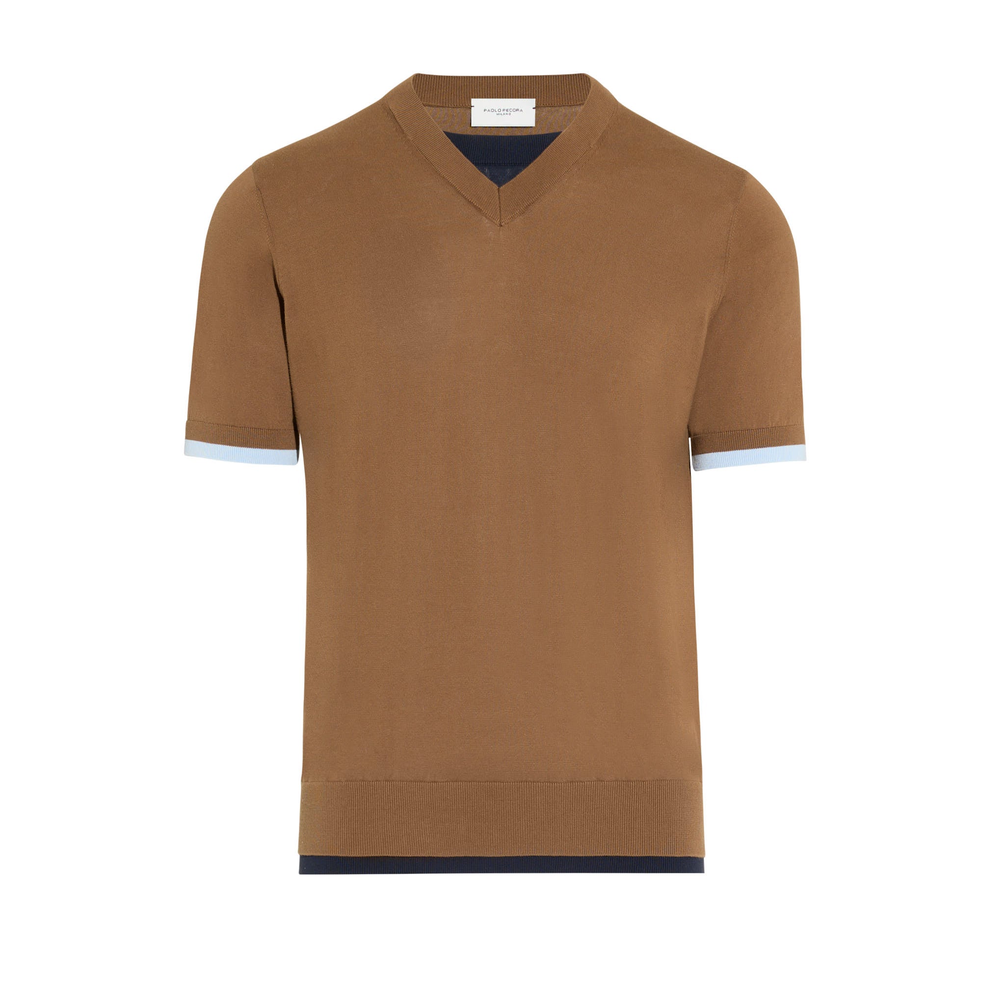 Maglia a Maniche Corte V-Neck in Cotone Nocciola Maglia Girocollo Paolo Pecora