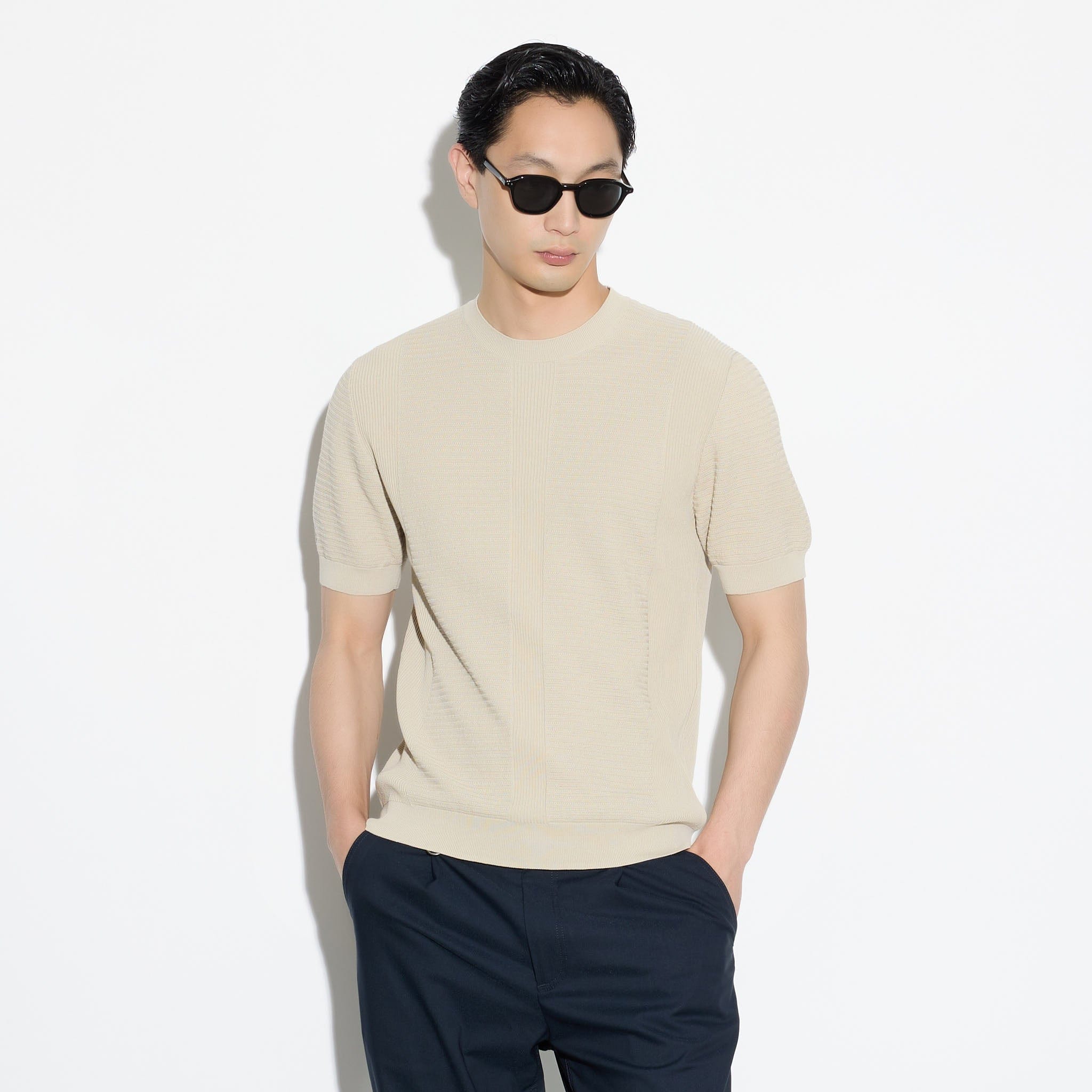 Maglia Girocollo a Maniche Corte in Cotone Lavorato Beige Maglia Girocollo Paolo Pecora