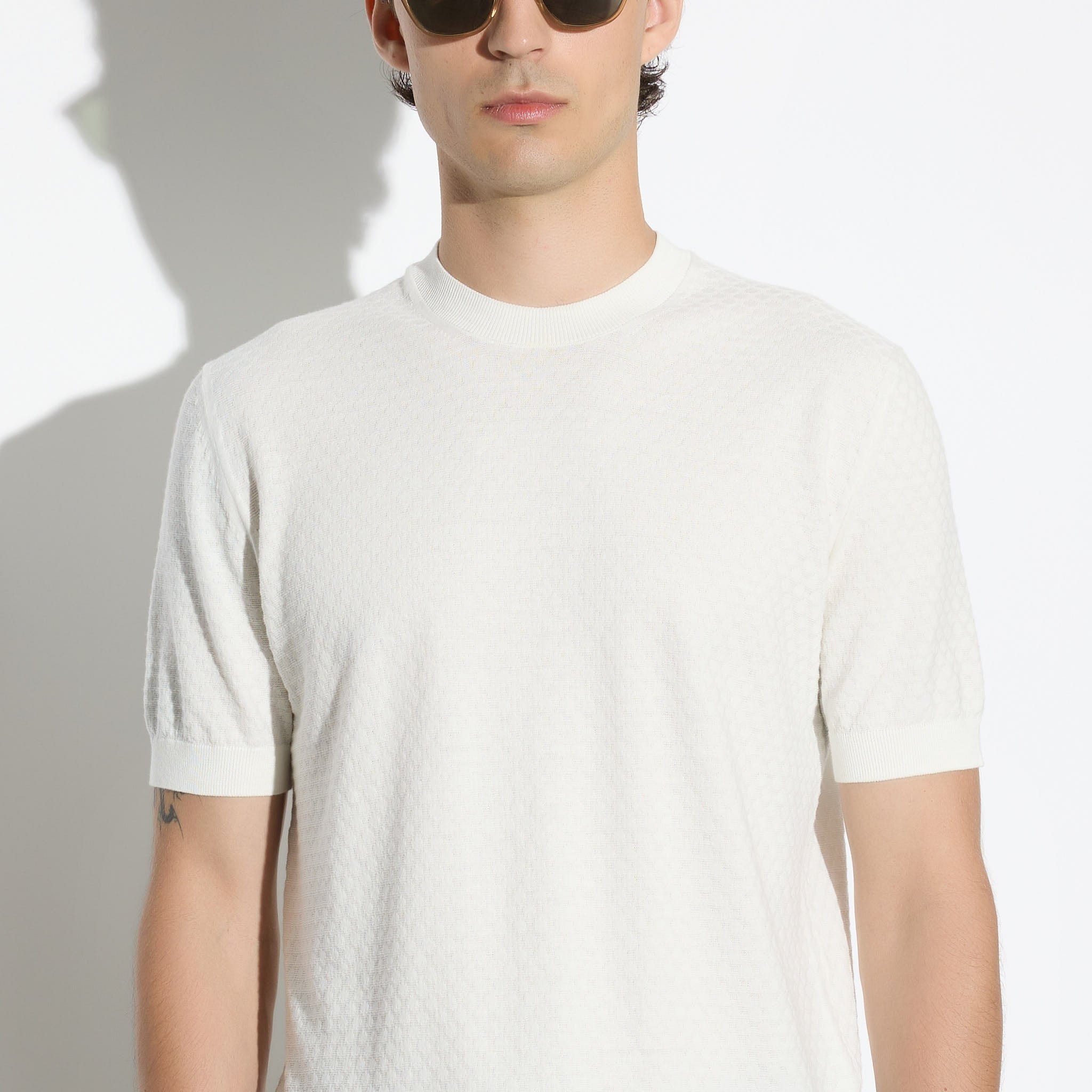 Maglia Girocollo a Maniche Corte in Cotone Lavorato Panna Maglia Girocollo Paolo Pecora