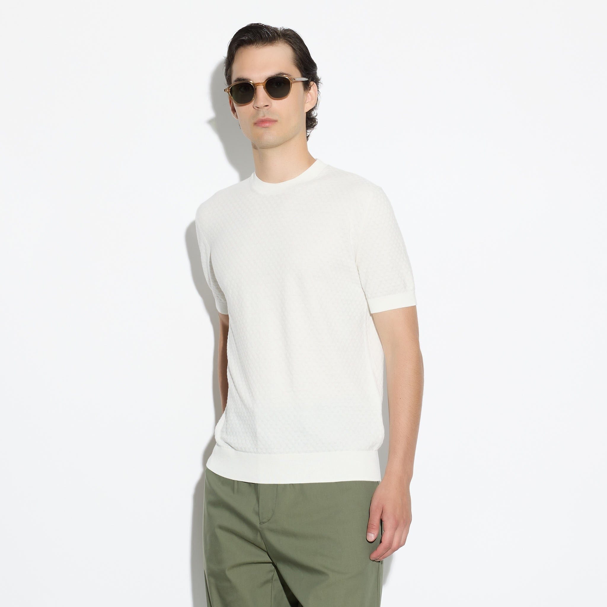 Maglia Girocollo a Maniche Corte in Cotone Lavorato Panna Maglia Girocollo Paolo Pecora