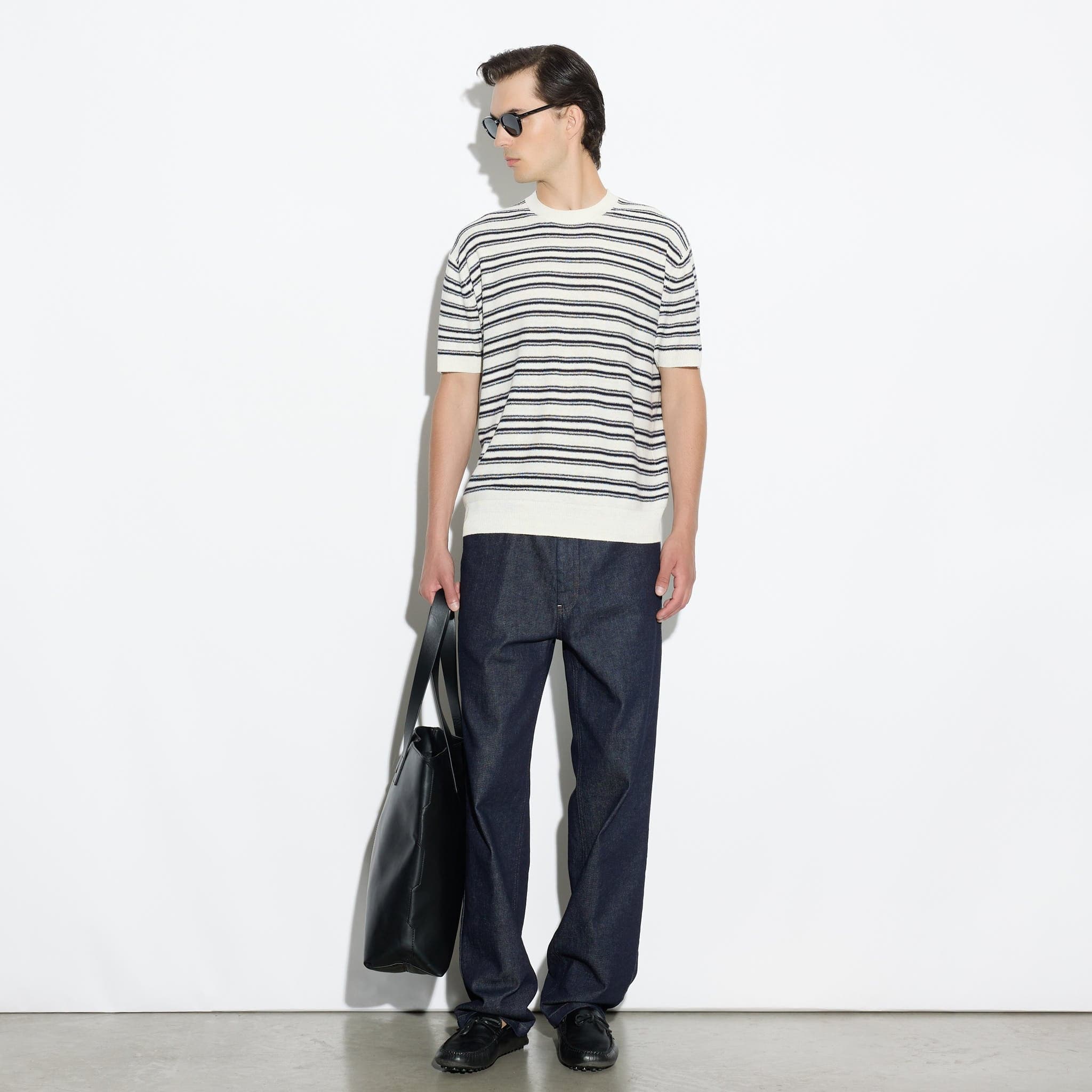 Maglia Girocollo a Maniche Corte in Seta a Righe Panna Maglia Girocollo Paolo Pecora