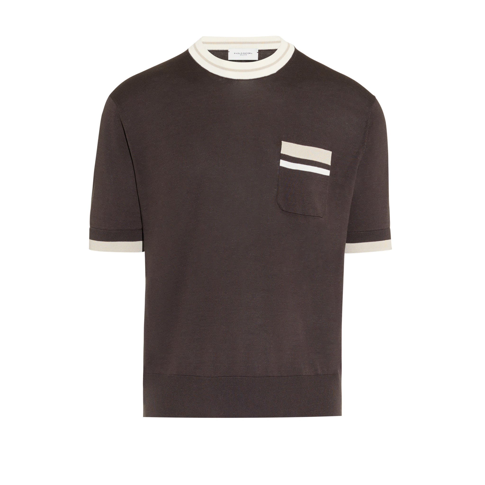 Maglia Girocollo in Seta Cotone con Profili a Contrasto Marrone Scuro Maglia Girocollo Paolo Pecora