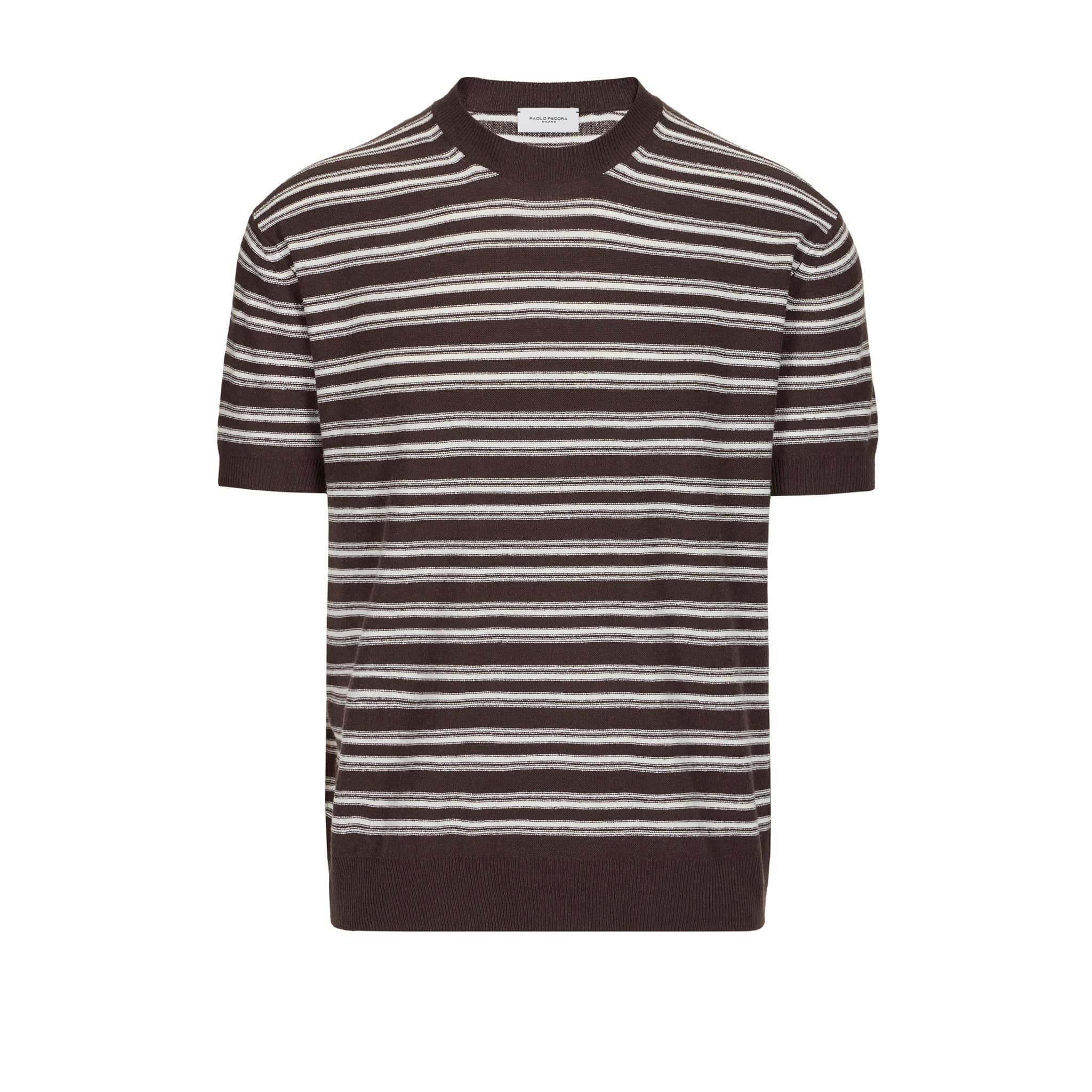 Maglia Girocollo Loose Fit in Seta a Righe Marrone Scuro Maglia Girocollo Paolo Pecora