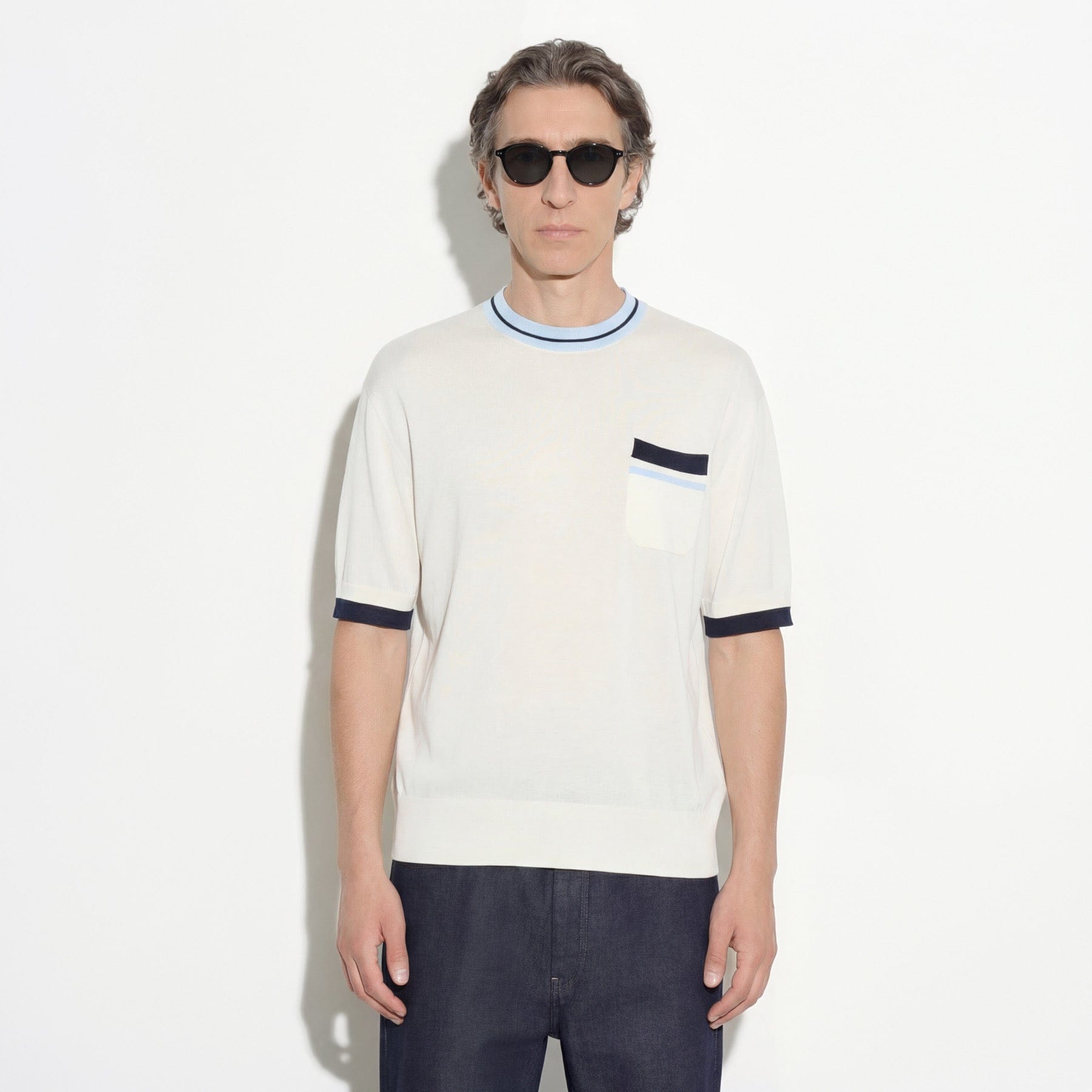 Maglia Girocollo Loose Fit in Seta Cotone con Profili a Contrasto Panna Maglia Girocollo Paolo Pecora