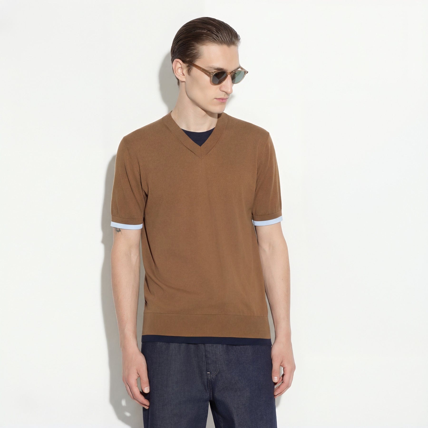 Maglia V-Neck in Cotone con Doppi Bordi Nocciola Maglia Girocollo Paolo Pecora