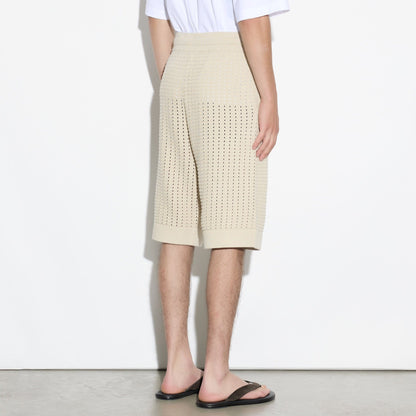 Bermuda con Cintura Elastica in Maglia Traforata Beige Bermuda Maglia Paolo Pecora