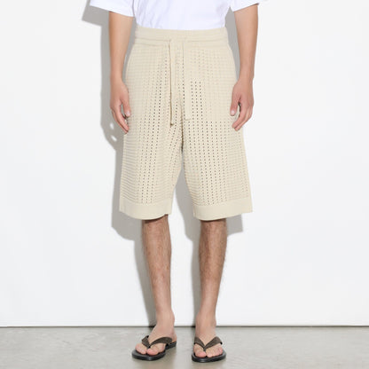 Bermuda con Cintura Elastica in Maglia Traforata Beige Bermuda Maglia Paolo Pecora