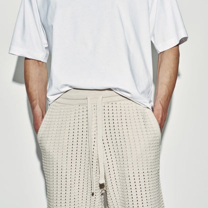 Bermuda con Cintura Elastica in Maglia Traforata Beige Bermuda Maglia Paolo Pecora