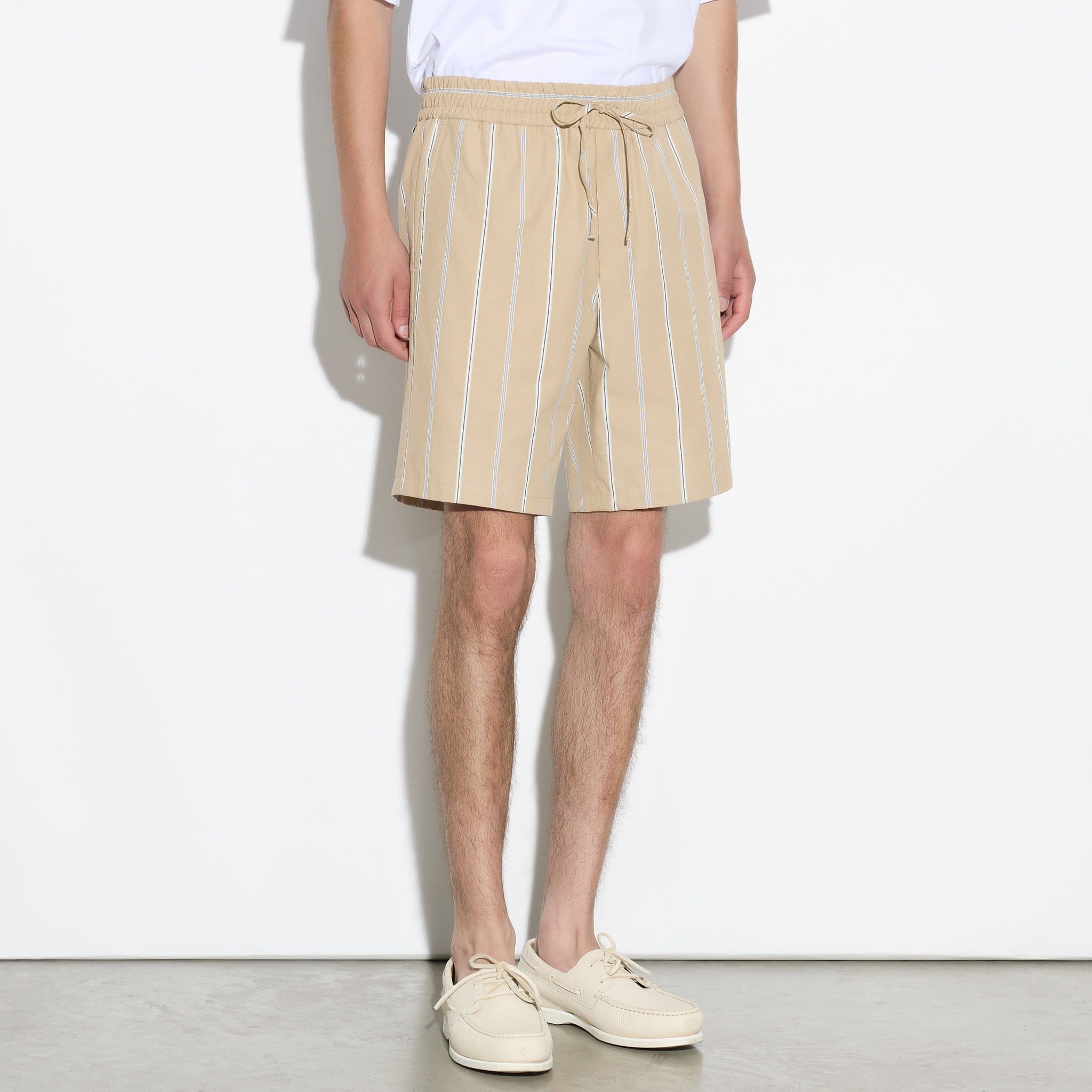 Bermuda con Cintura Elastica in Cotone a Righe Beige e Bianco Bermuda Tessuto Paolo Pecora