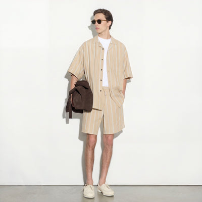 Bermuda con Cintura Elastica in Cotone a Righe Beige e Bianco Bermuda Tessuto Paolo Pecora