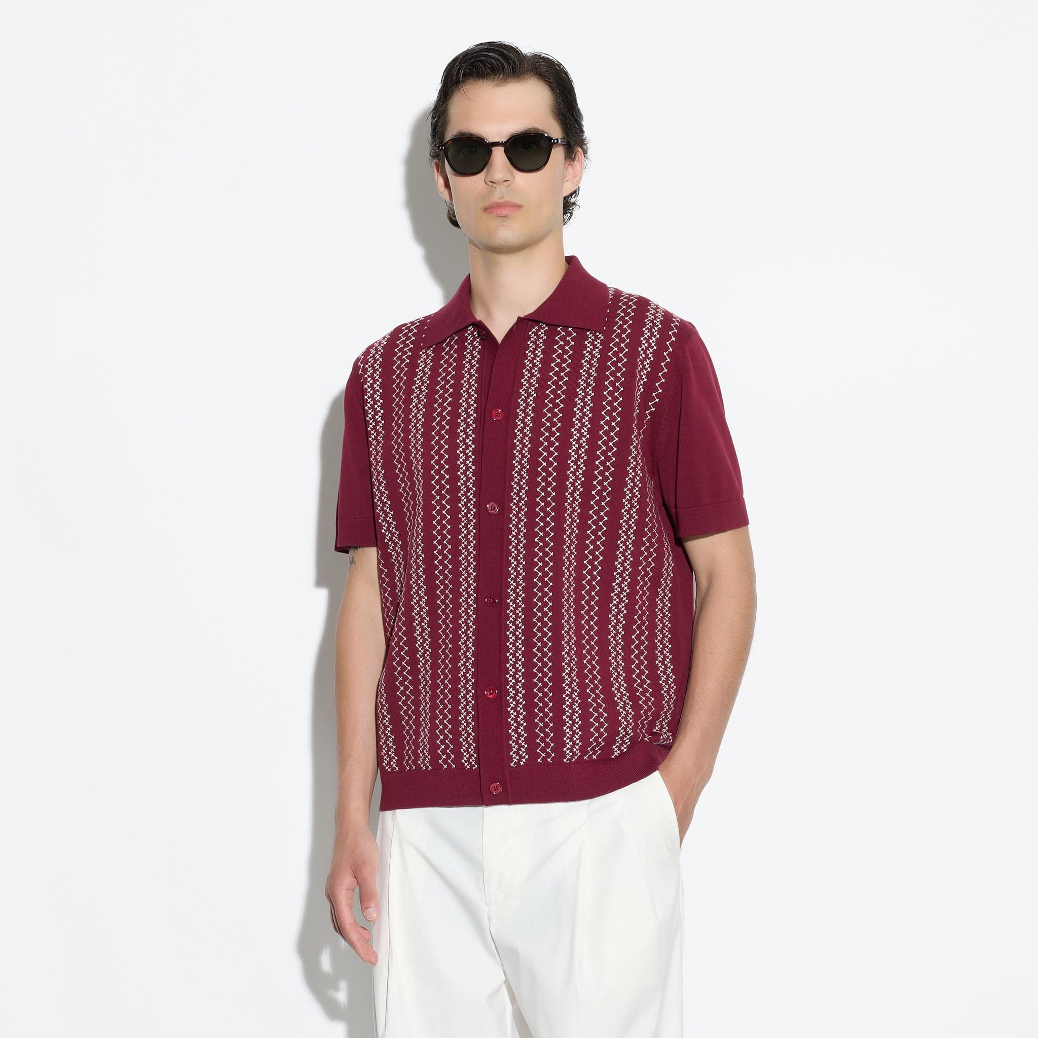 Camicia in Maglia a Maniche Corte con Motivo Jacquard Mattone Scuro Camicia Maglia Paolo Pecora