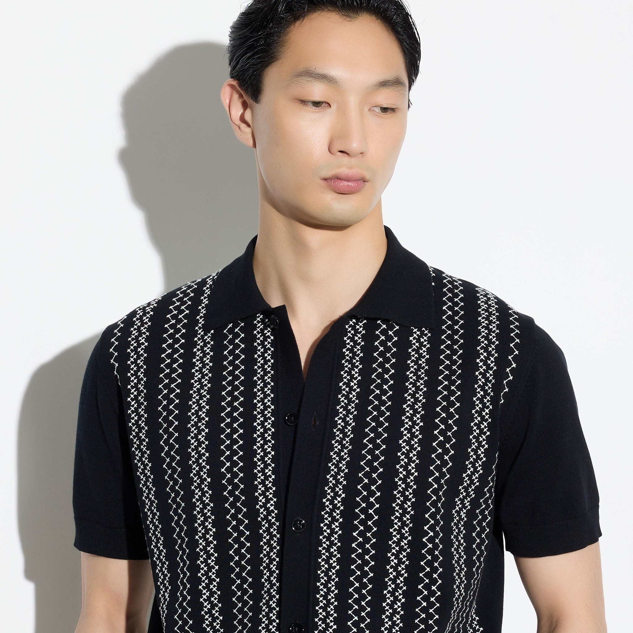 Camicia in Maglia a Maniche Corte con Motivo Jacquard Nero Camicia Maglia Paolo Pecora