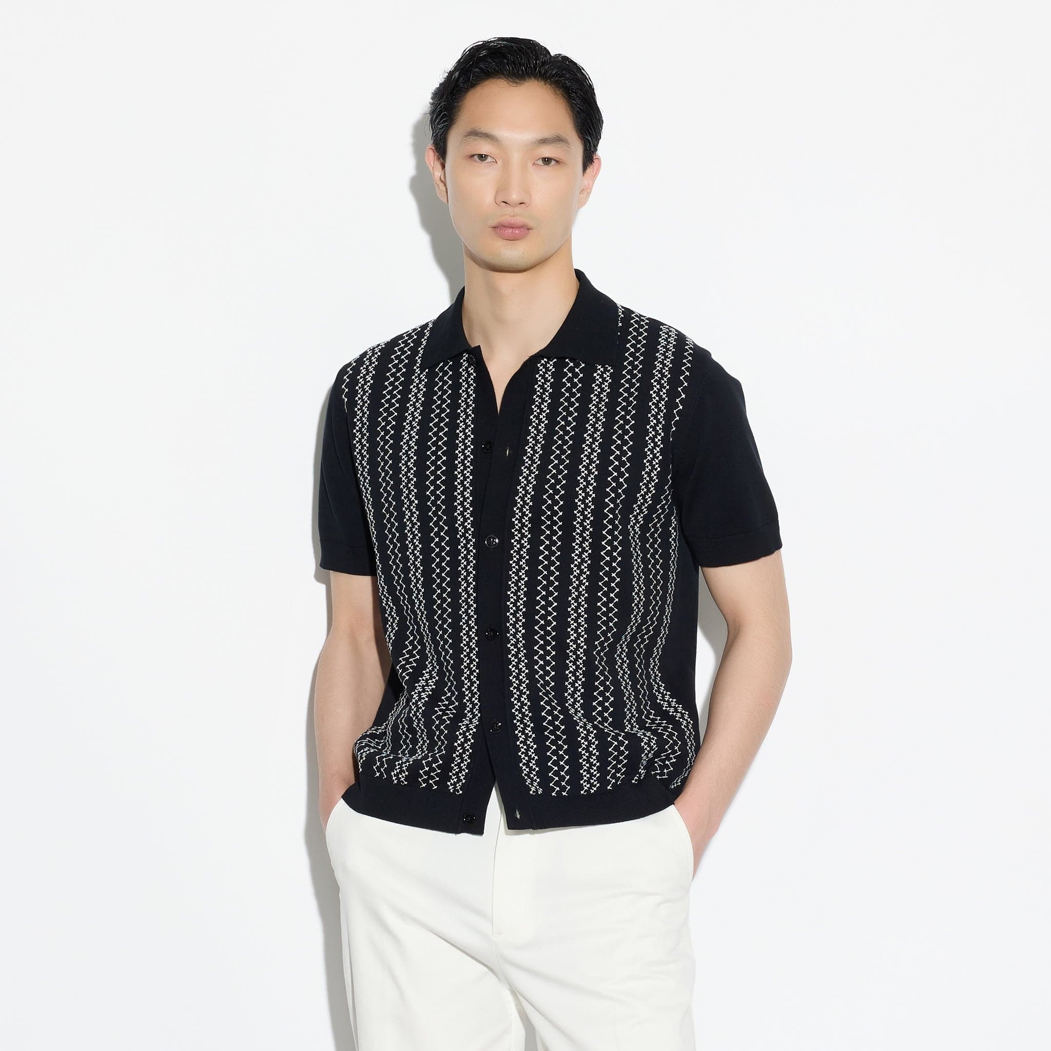 Camicia in Maglia a Maniche Corte con Motivo Jacquard Nero Camicia Maglia Paolo Pecora