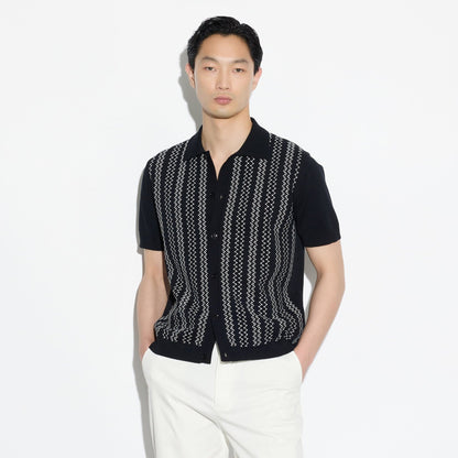 Camicia in Maglia a Maniche Corte con Motivo Jacquard Nero Camicia Maglia Paolo Pecora