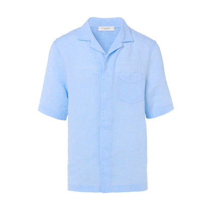 Camicia a Maniche Corte in Puro Lino Azzurro Camicia Tessuto Paolo Pecora