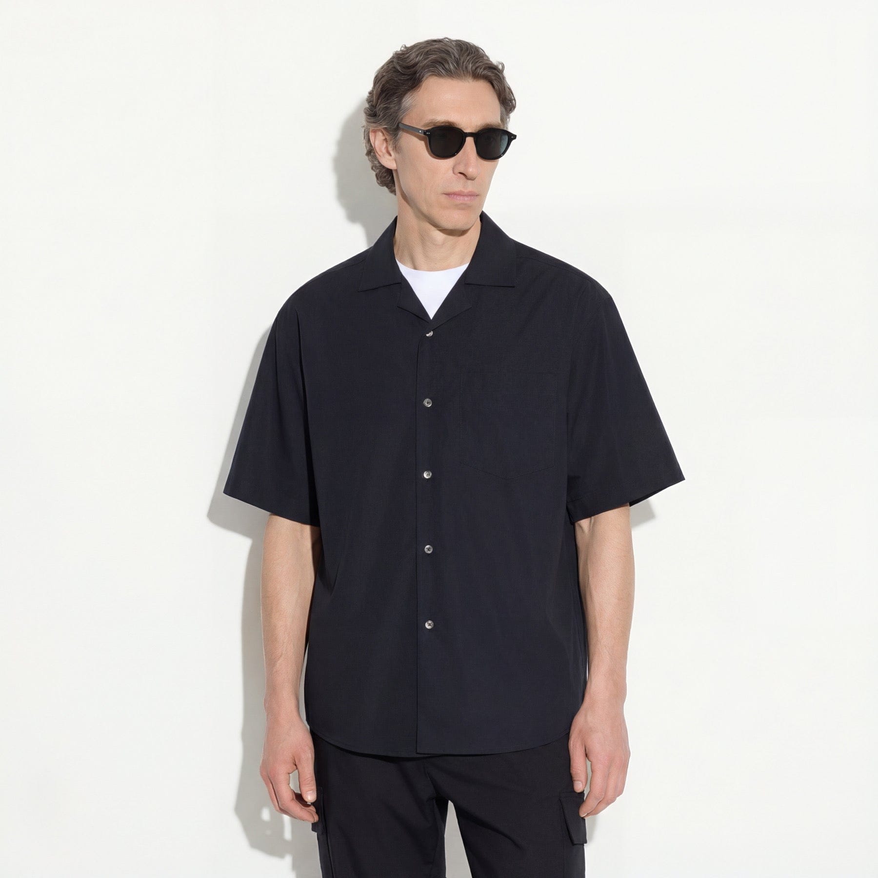 Camicia Boxy Fit a Manica Corta in Cotone Nero Camicia Tessuto Paolo Pecora