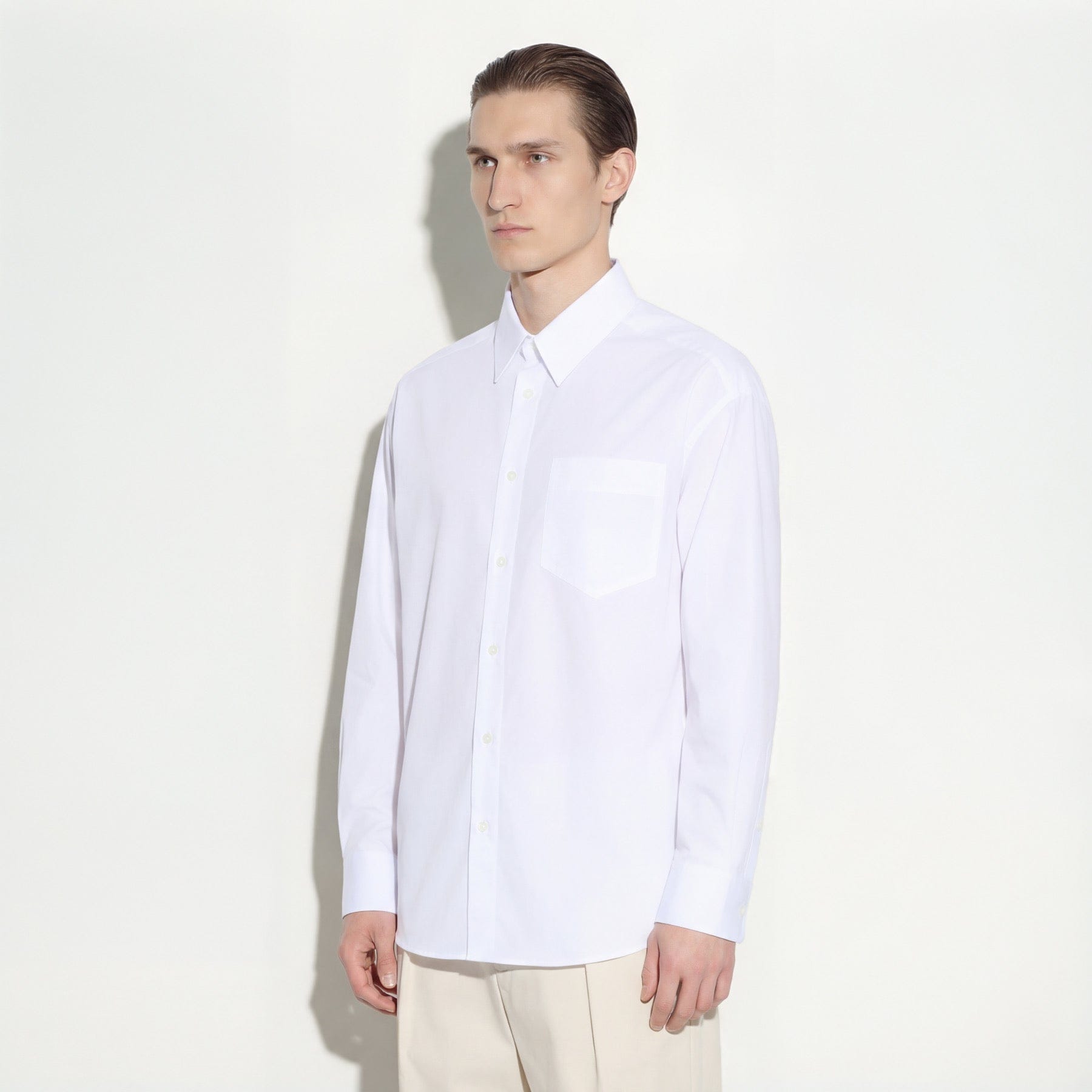 Camicia Boxy Fit a Maniche Lunghe in Cotone Bianco Ottico Camicia Tessuto Paolo Pecora