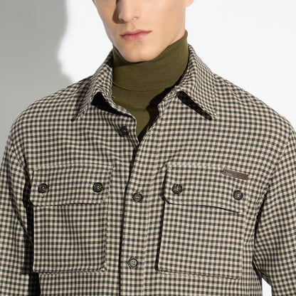 Camicia in Tessuto Tecnico con  Texture Micro-Quadro Cammello Marrone Camicia Tessuto Paolo Pecora