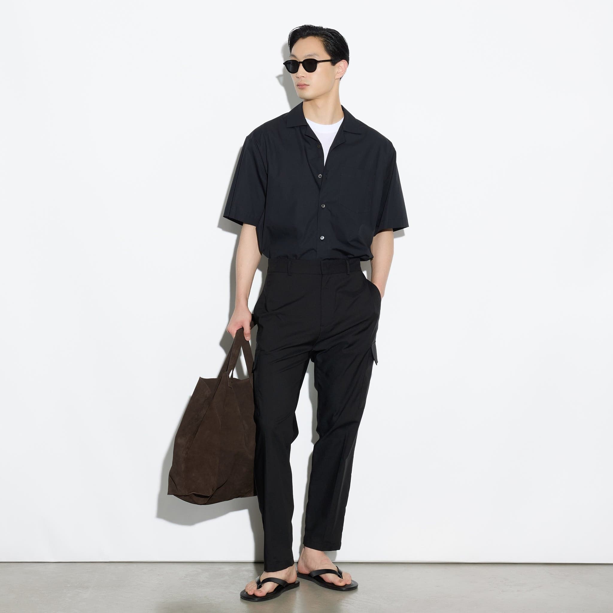 Camicia Over a Manica Corta in Cotone Nero Camicia Tessuto Paolo Pecora