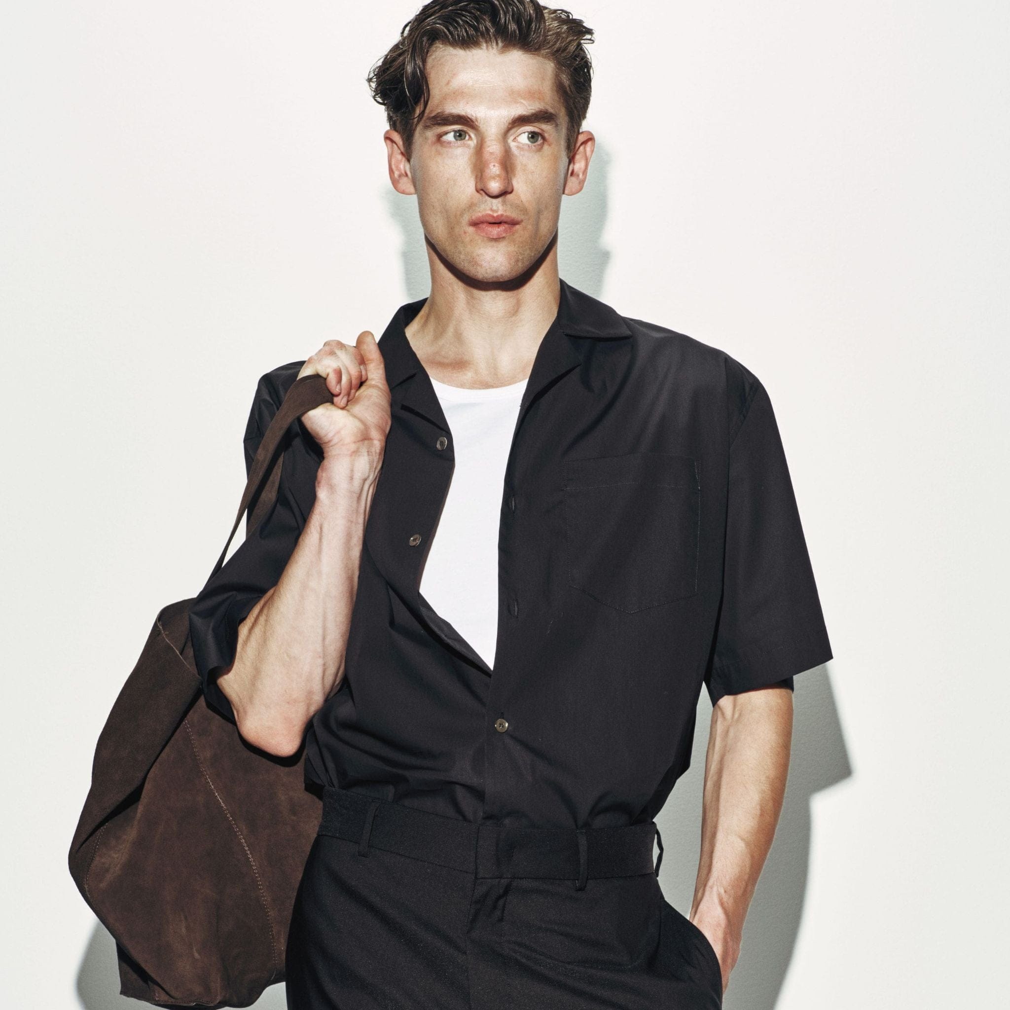 Camicia Over a Manica Corta in Cotone Nero Camicia Tessuto Paolo Pecora