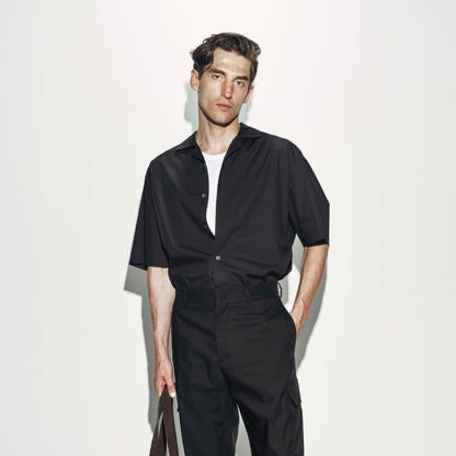 Camicia Over a Manica Corta in Cotone Nero Camicia Tessuto Paolo Pecora