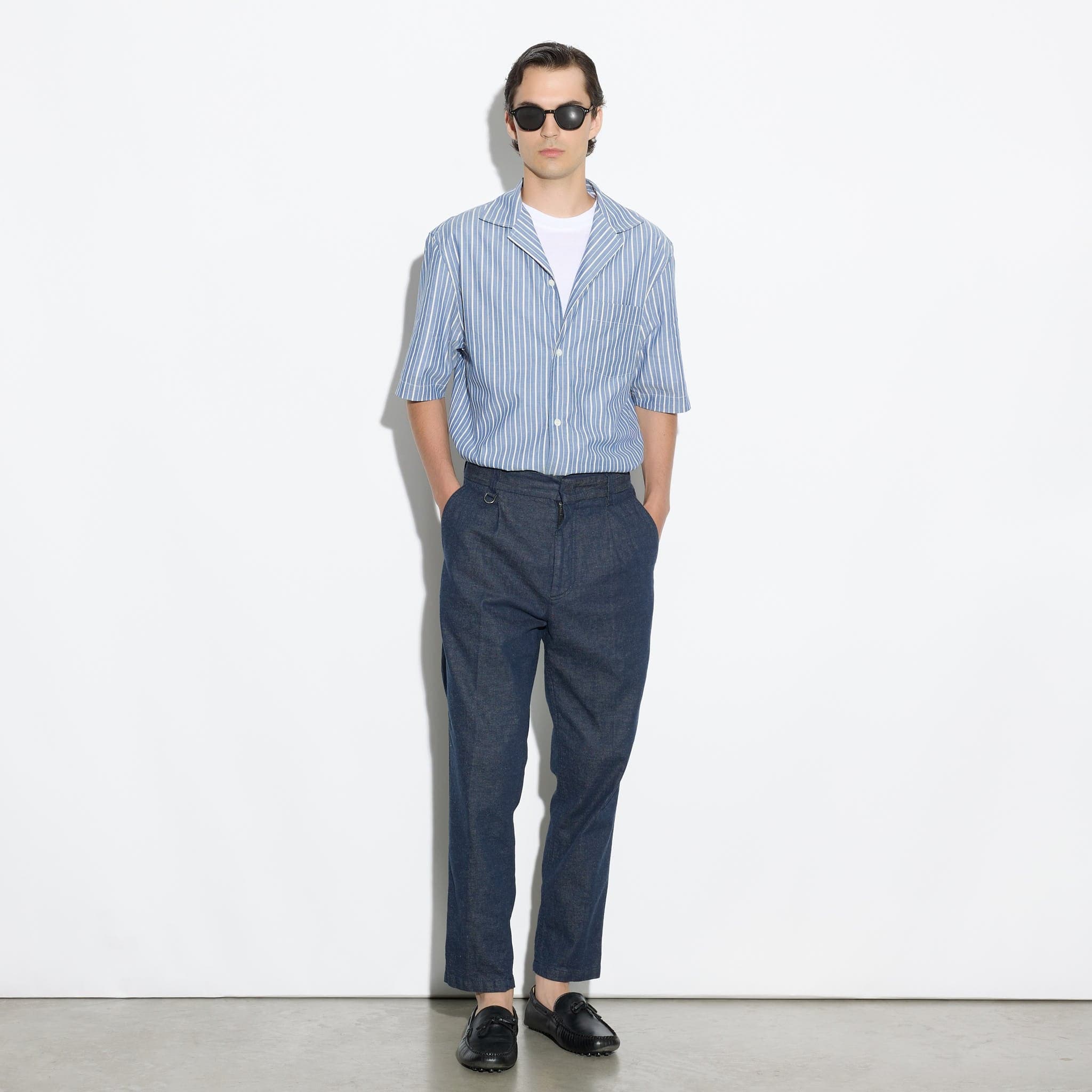 Camicia Over a Maniche Corte in Cotone a Righe Azzurro e Bianco Camicia Tessuto Paolo Pecora