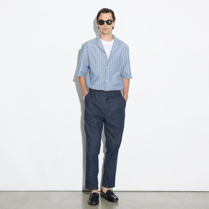 Camicia Over a Maniche Corte in Cotone a Righe Azzurro e Bianco Camicia Tessuto Paolo Pecora