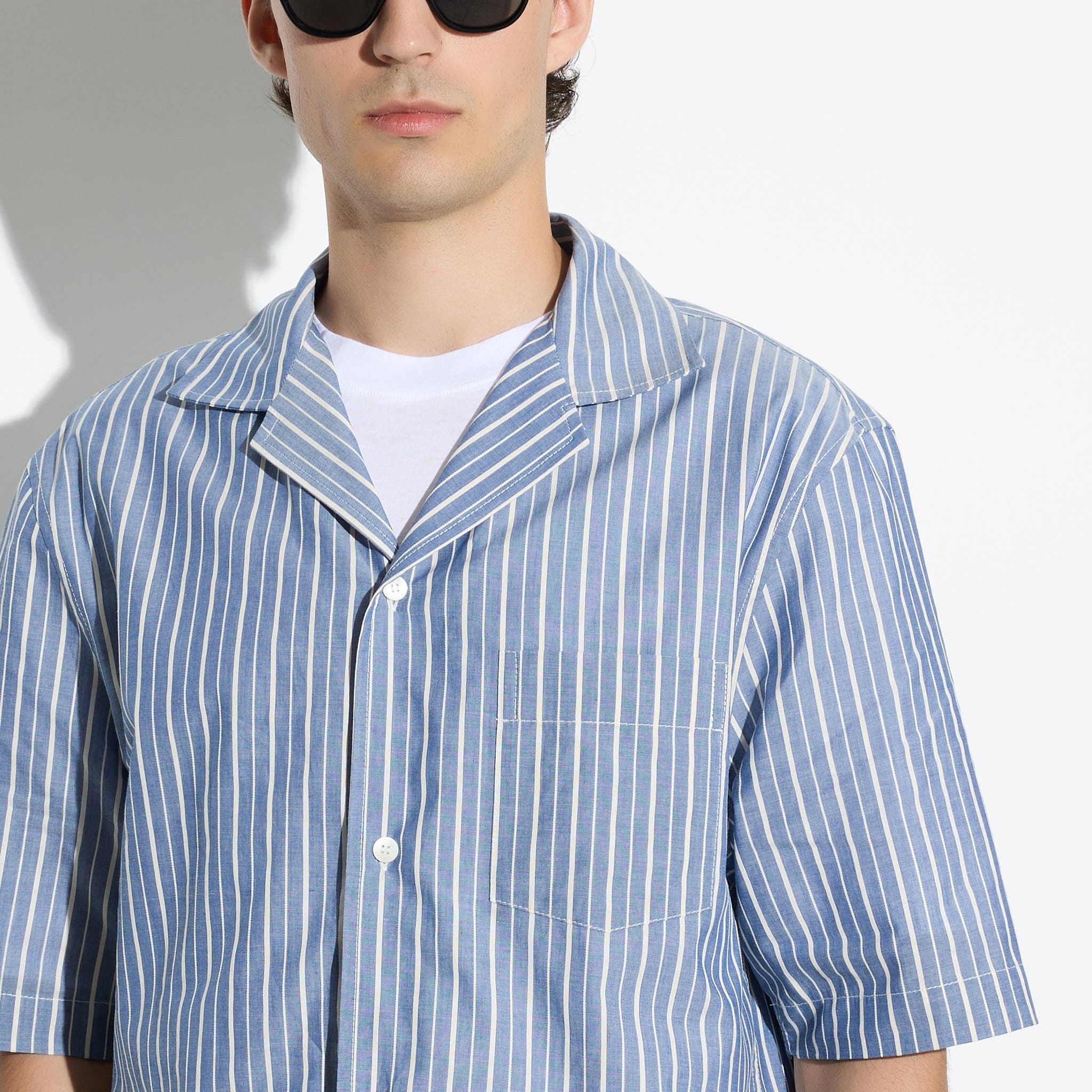 Camicia Over a Maniche Corte in Cotone a Righe Azzurro e Bianco Camicia Tessuto Paolo Pecora